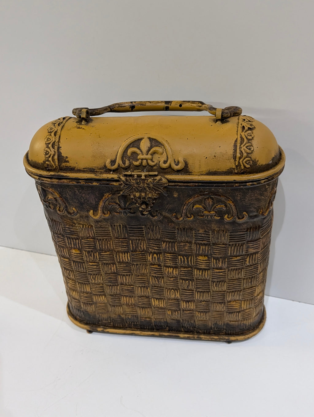 Vintage Ornate Metal Storage Chest Fleur De Lis Basket Style Hinged Lid Box
