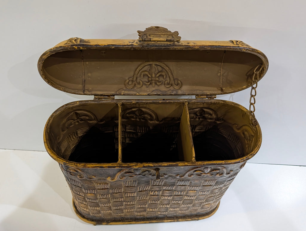 Vintage Ornate Metal Storage Chest Fleur De Lis Basket Style Hinged Lid Box