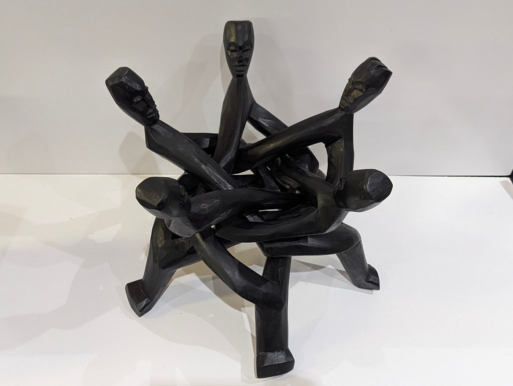 Hand Carved Ghana African Wooden Unity Sculpture 5 Figure Circle Decor Art