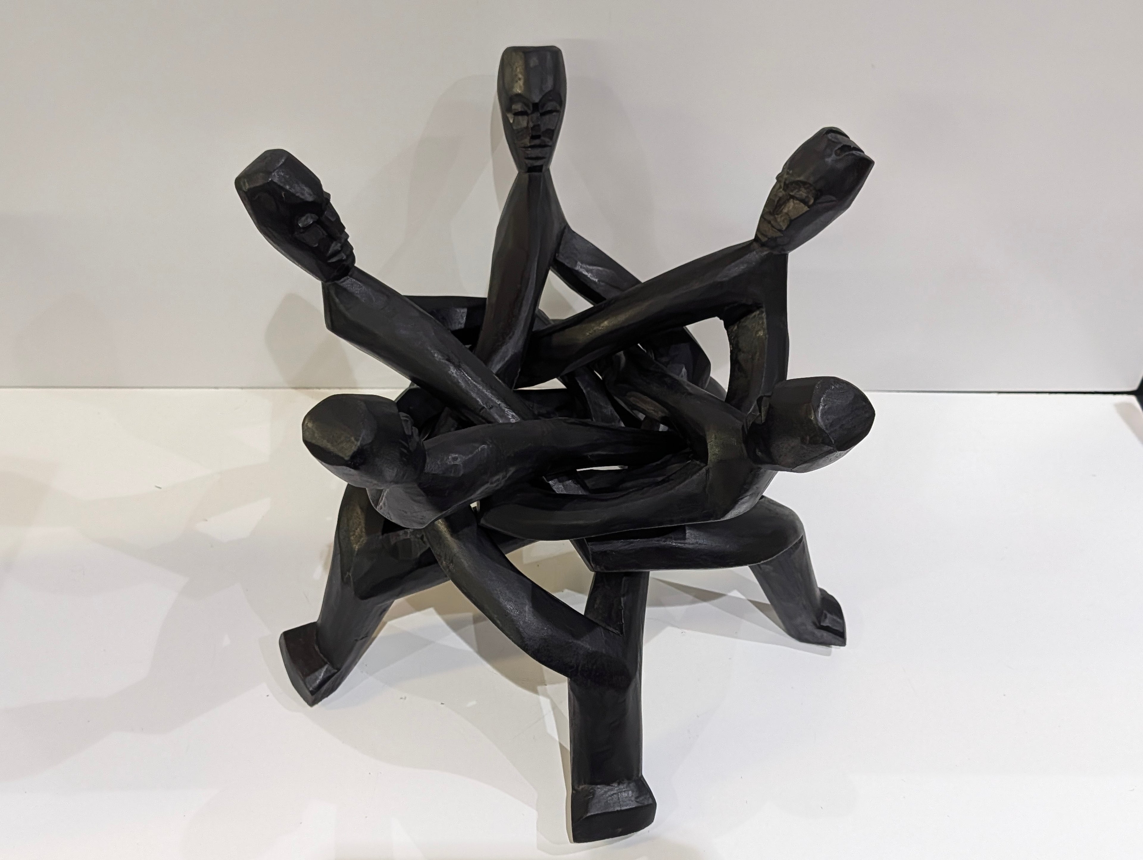 Hand Carved Ghana African Wooden Unity Sculpture 5 Figure Circle Decor Art