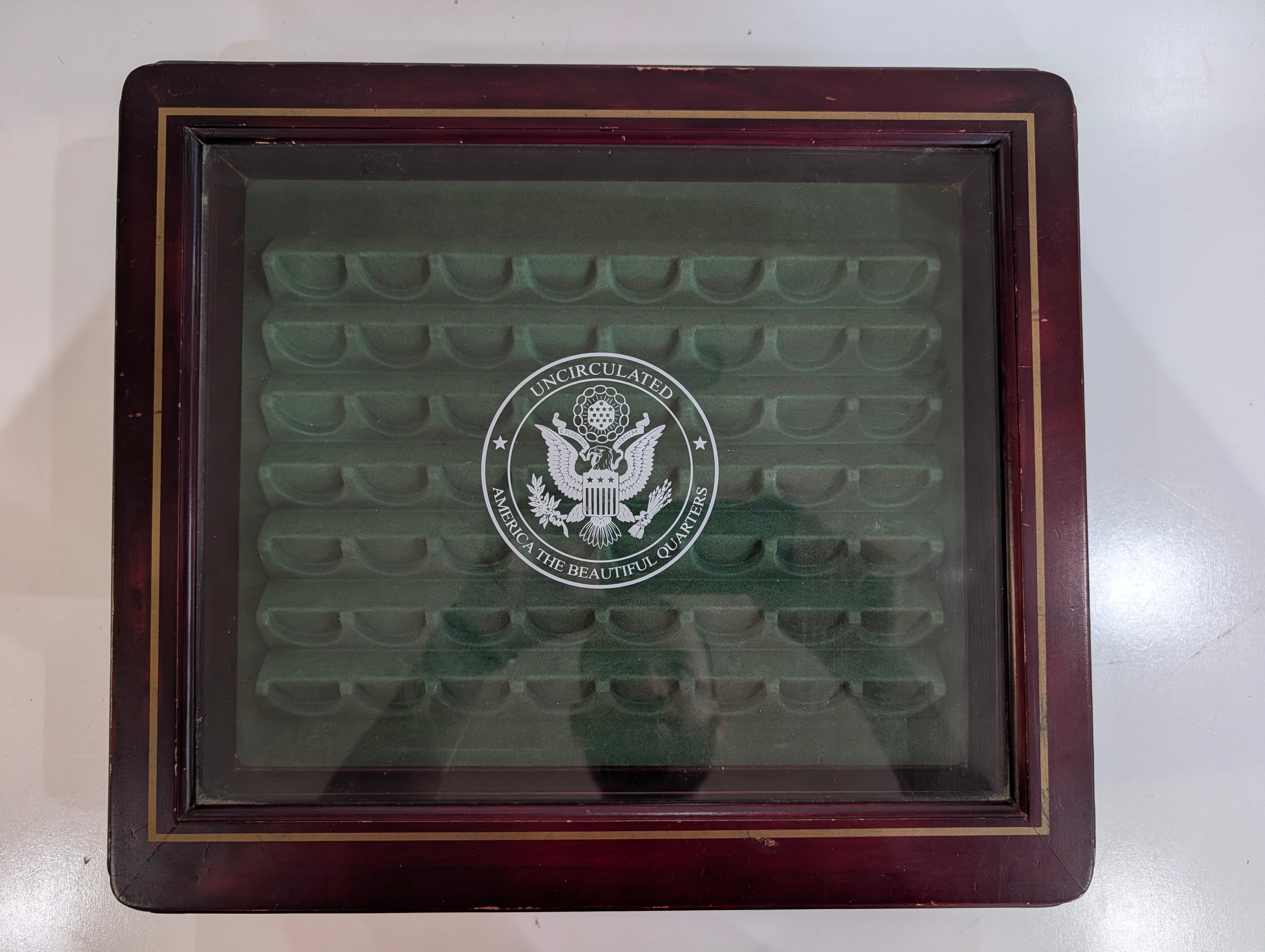 Danbury Mint State Quarter Display Case Wood Glass Top Coin Storage Box Drawer