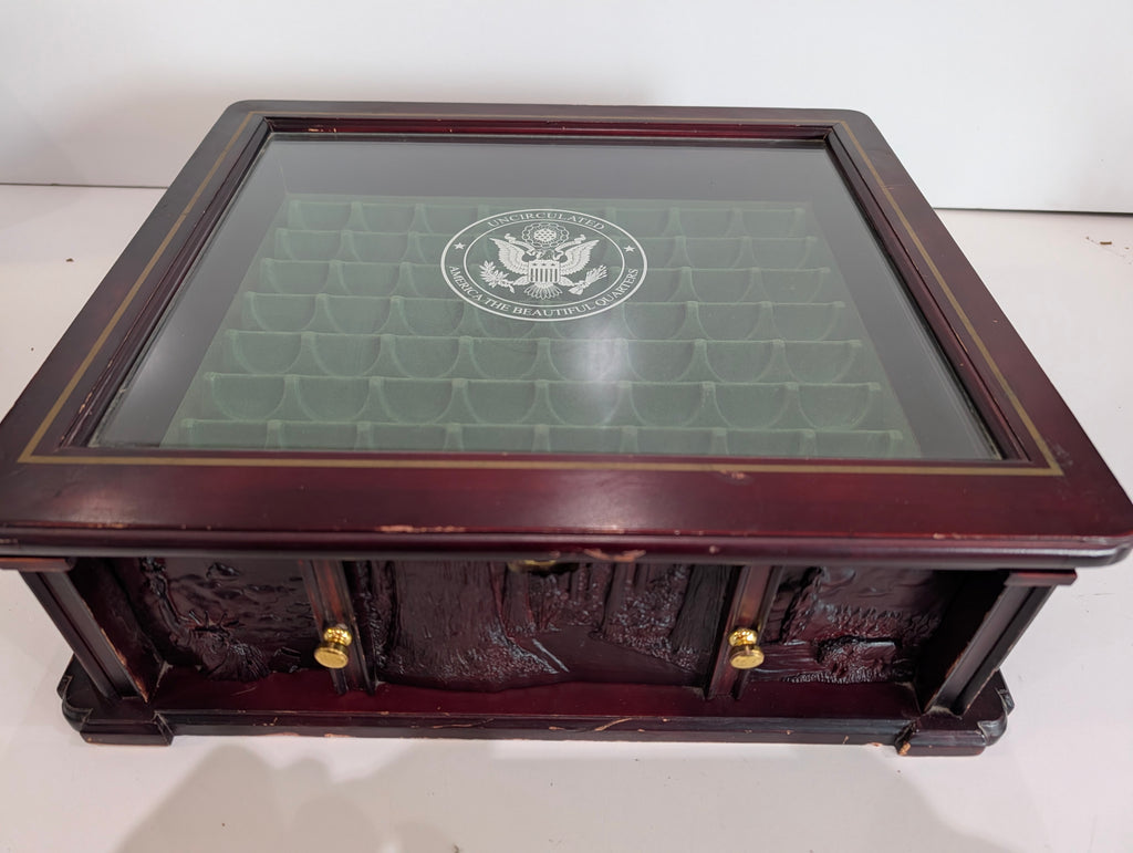 Danbury Mint State Quarter Display Case Wood Glass Top Coin Storage Box Drawer