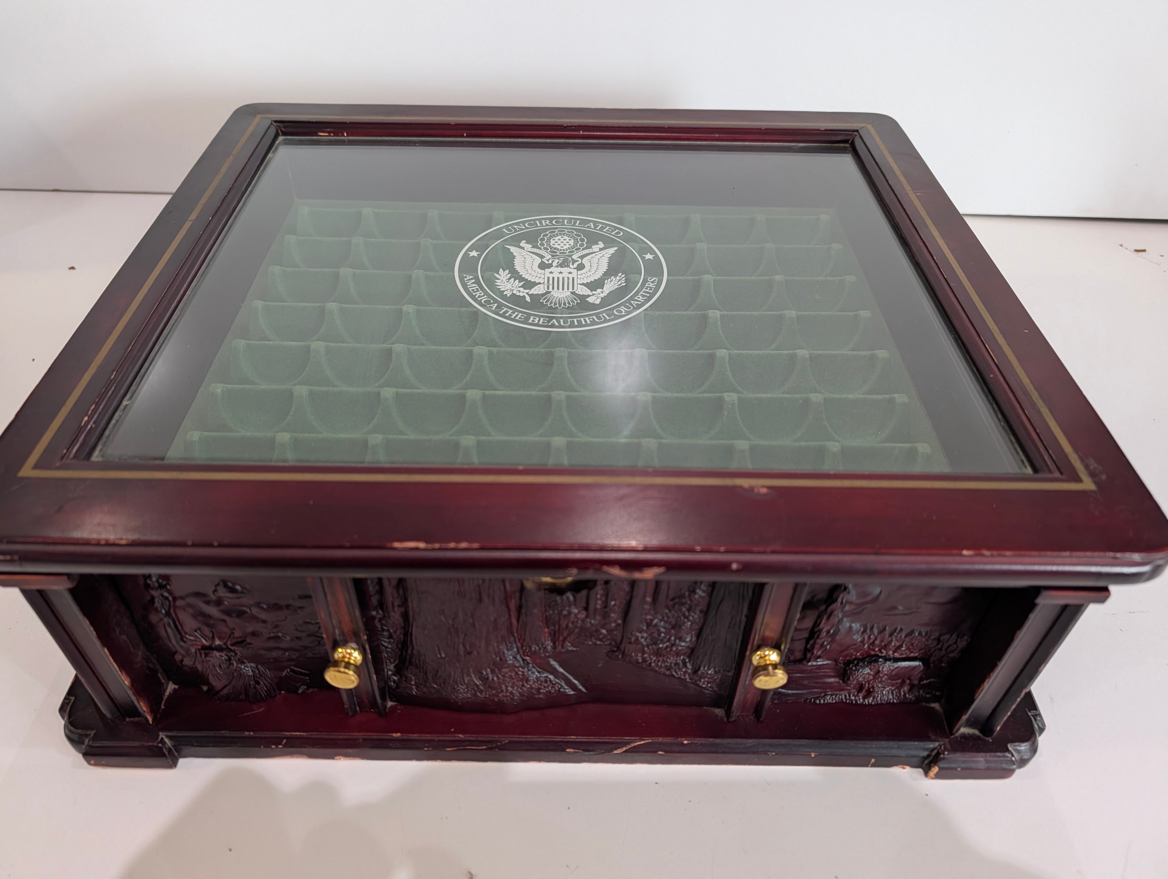 Danbury Mint State Quarter Display Case Wood Glass Top Coin Storage Box Drawer