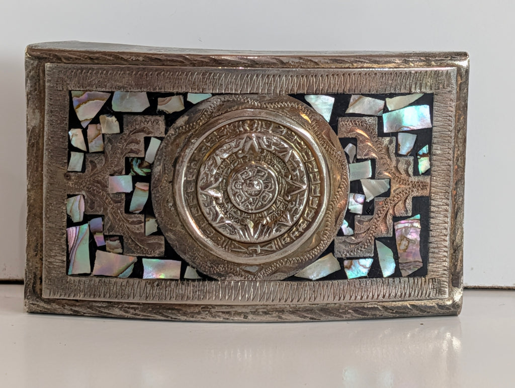 Vintage Aztec Calendar Abalone Shell Inlay Alpaca Mexico Handmade Belt Buckle