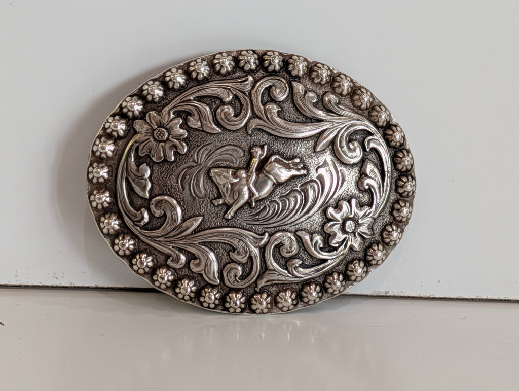 Vintage Western Cowboy Rodeo Horse Rider Belt Buckle Silver Tone Floral Engraved