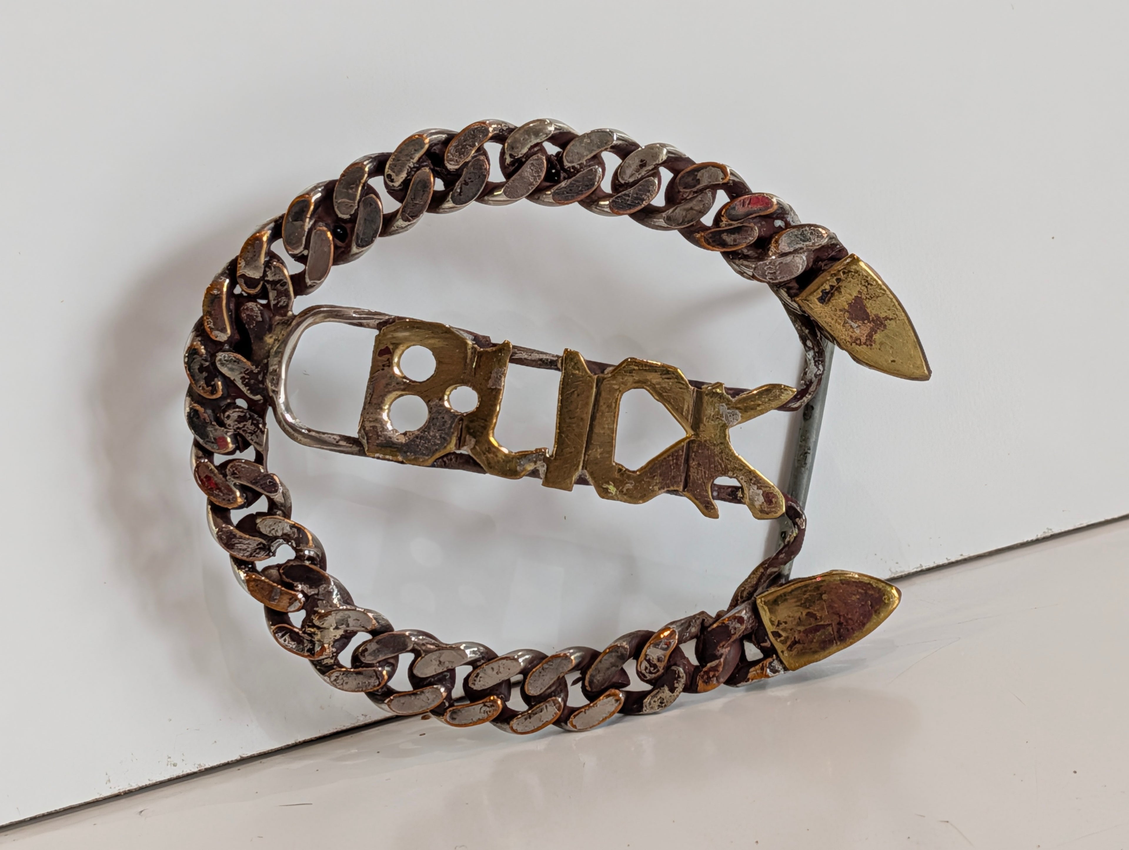 Vintage Buck Chain Link Belt Buckle Brass Steel Heavy Biker Punk Style