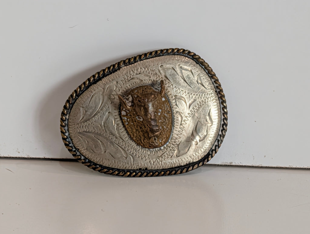 Vintage Western Buffalo Head Belt Buckle Engraved Silver Tone Rodeo Cowboy