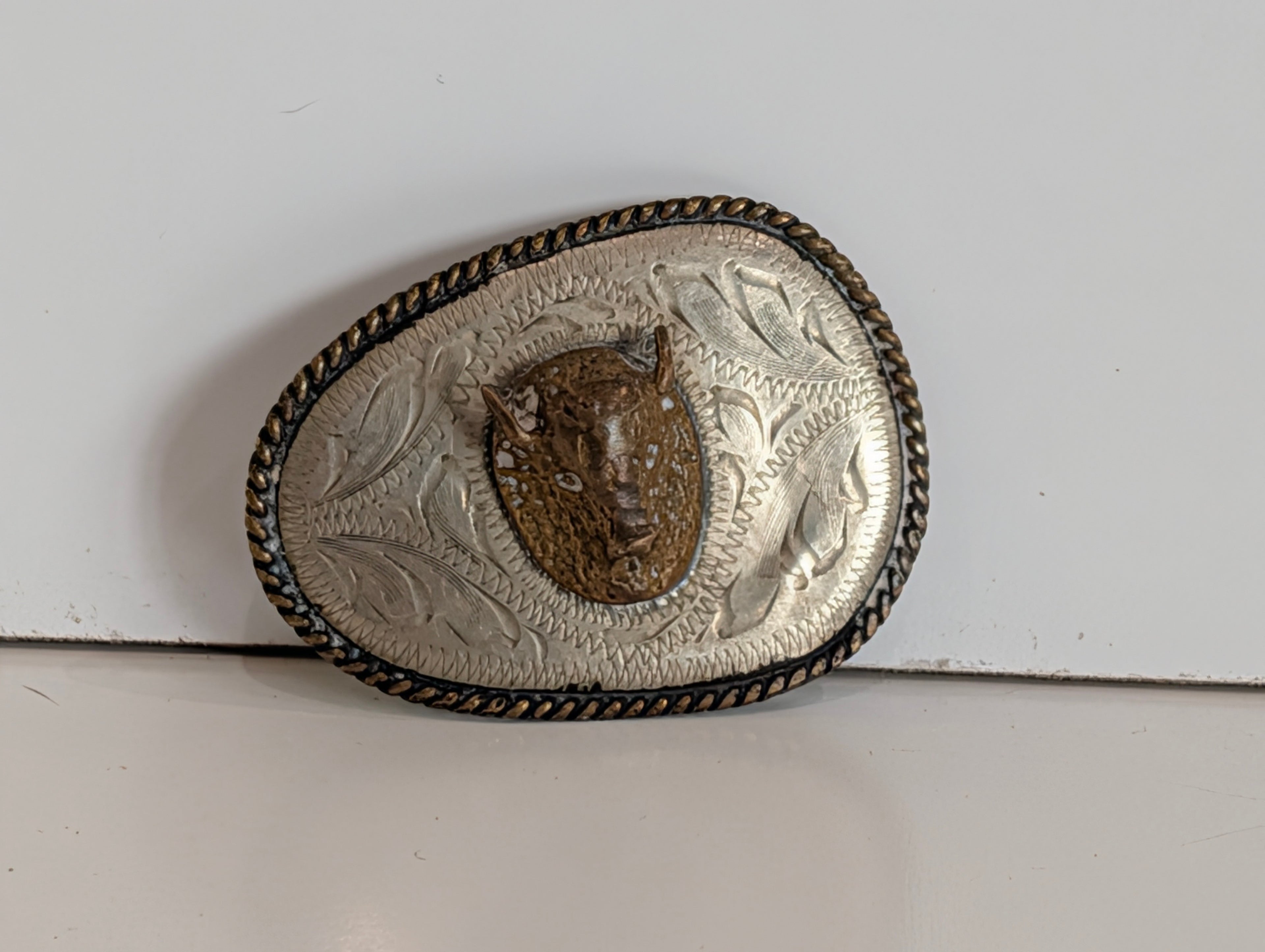 Vintage Western Buffalo Head Belt Buckle Engraved Silver Tone Rodeo Cowboy