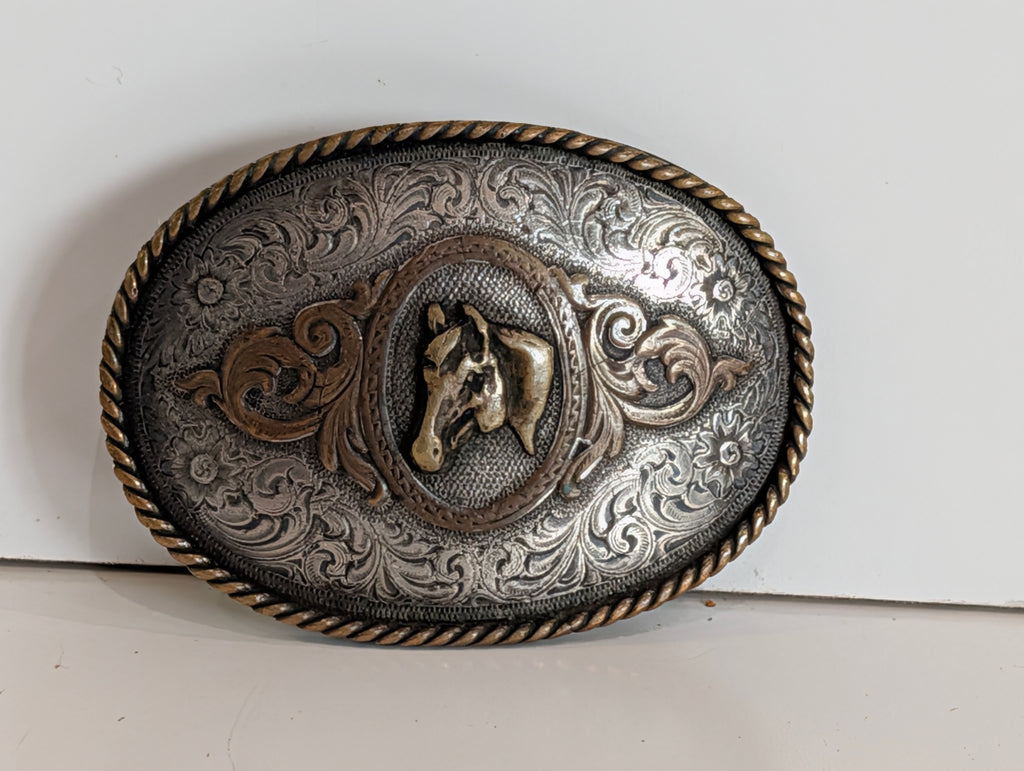 Vintage Western Horse Head Belt Buckle Engraved Scrollwork Two Tone Metal