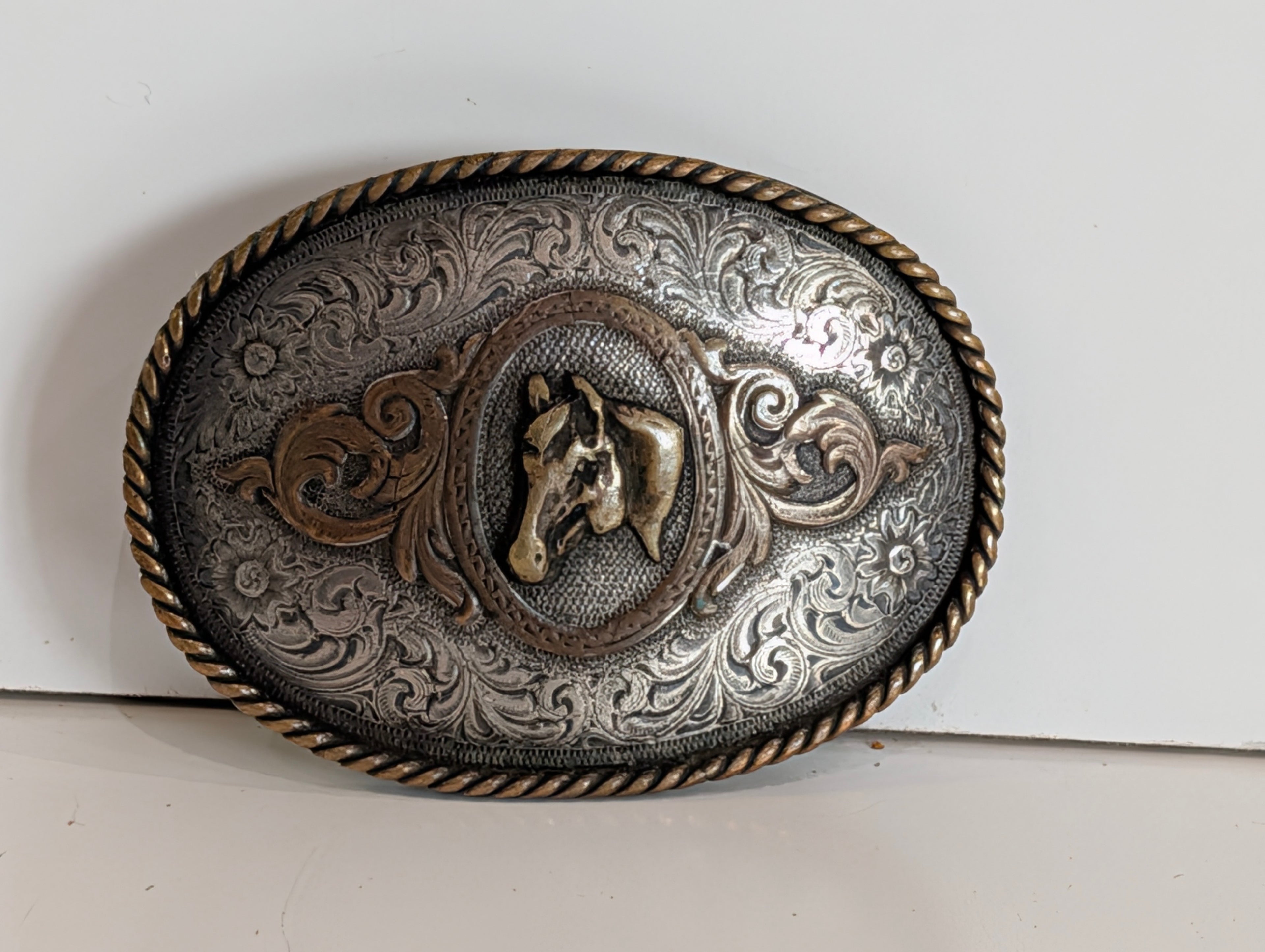 Vintage Western Horse Head Belt Buckle Engraved Scrollwork Two Tone Metal