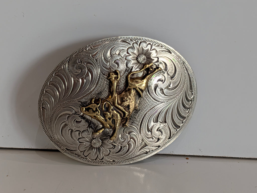 Vintage Montana Silversmiths Bucking Bronco Belt Buckle Floral Engraved USA