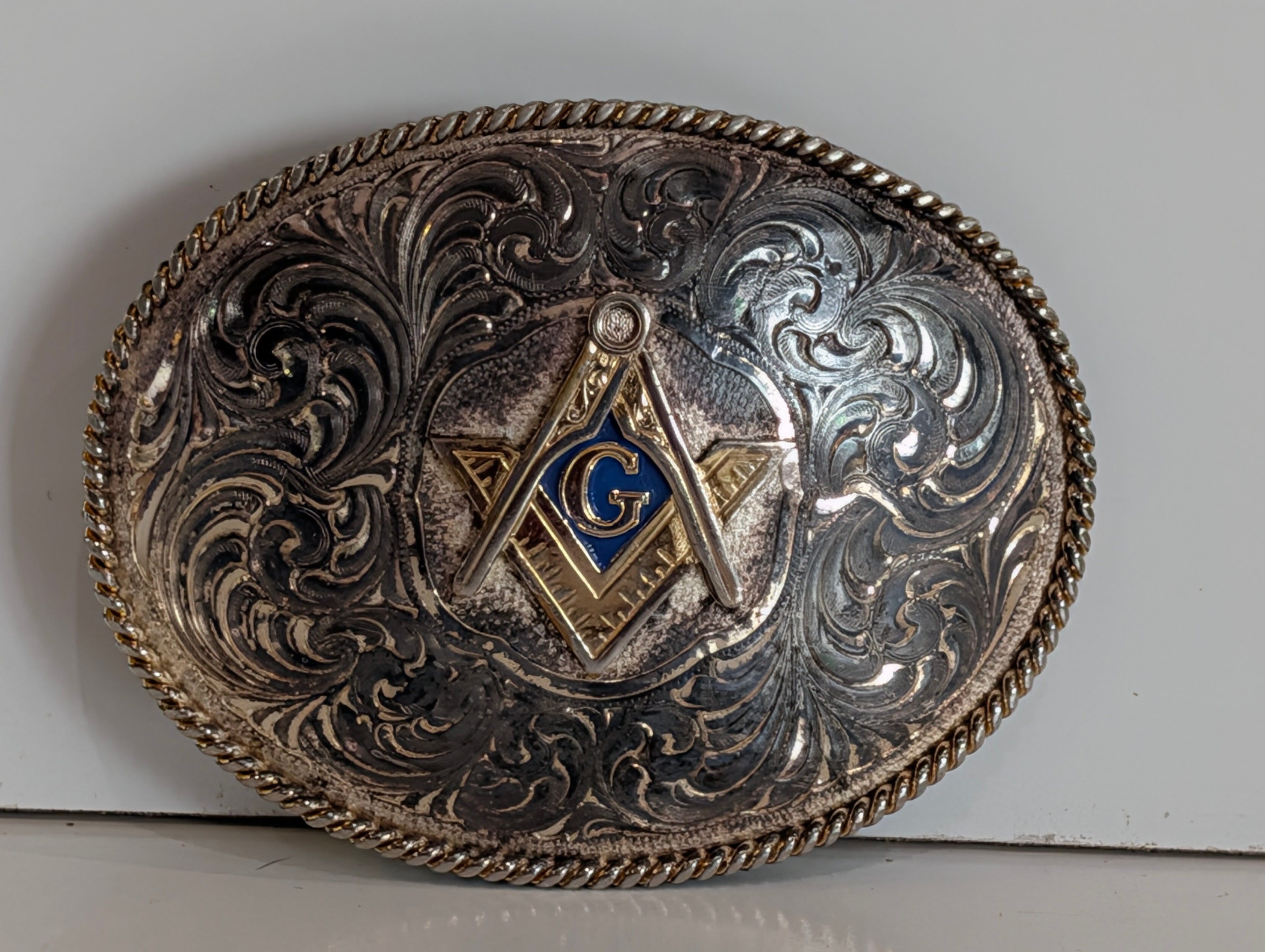 Vintage Masonic Square Compass G Belt Buckle Silver Plate Western Fraternal