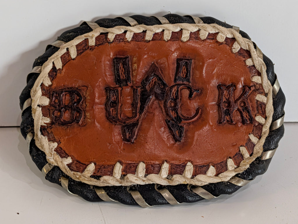Vintage Hand Tooled Leather Western Belt Buckle Buck Initials Cowboy