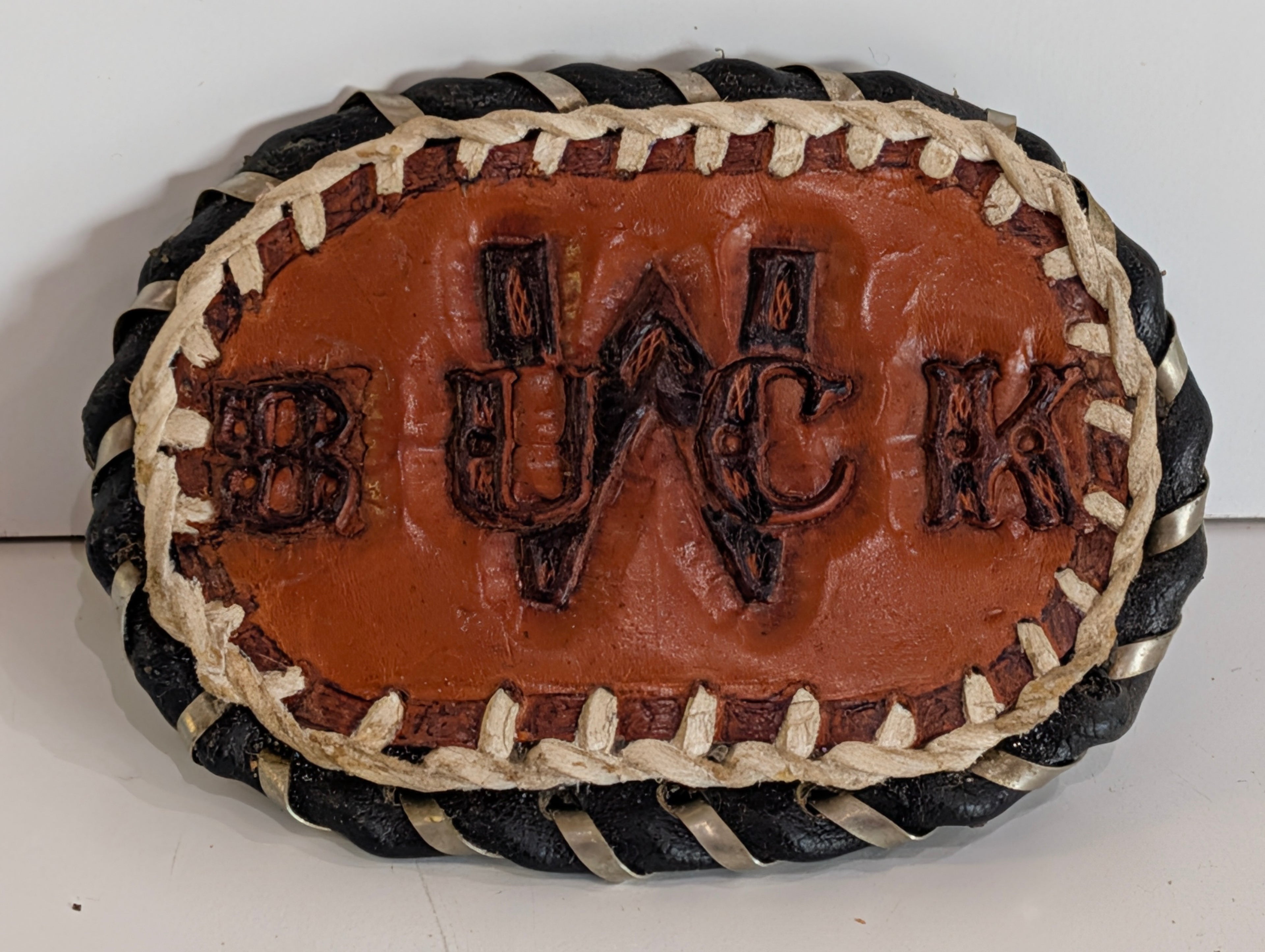 Vintage Hand Tooled Leather Western Belt Buckle Buck Initials Cowboy