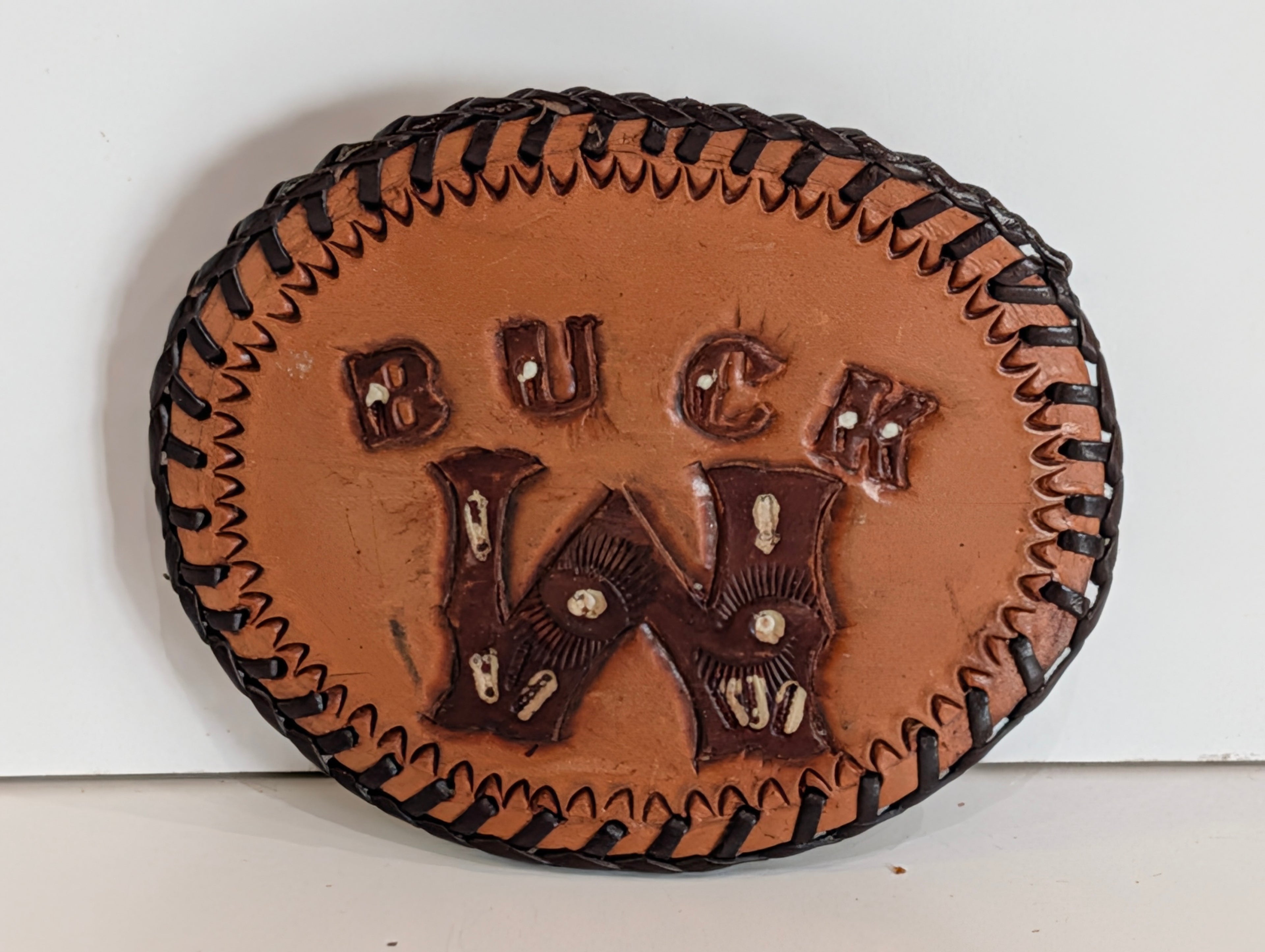 Vintage Hand Tooled Leather Western Belt Buckle Buck Initials Cowboy Gear