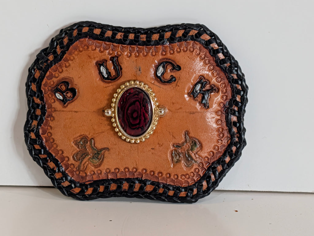 Vintage Hand Tooled Leather Western Belt Buckle Buck Red Stone Cowboy