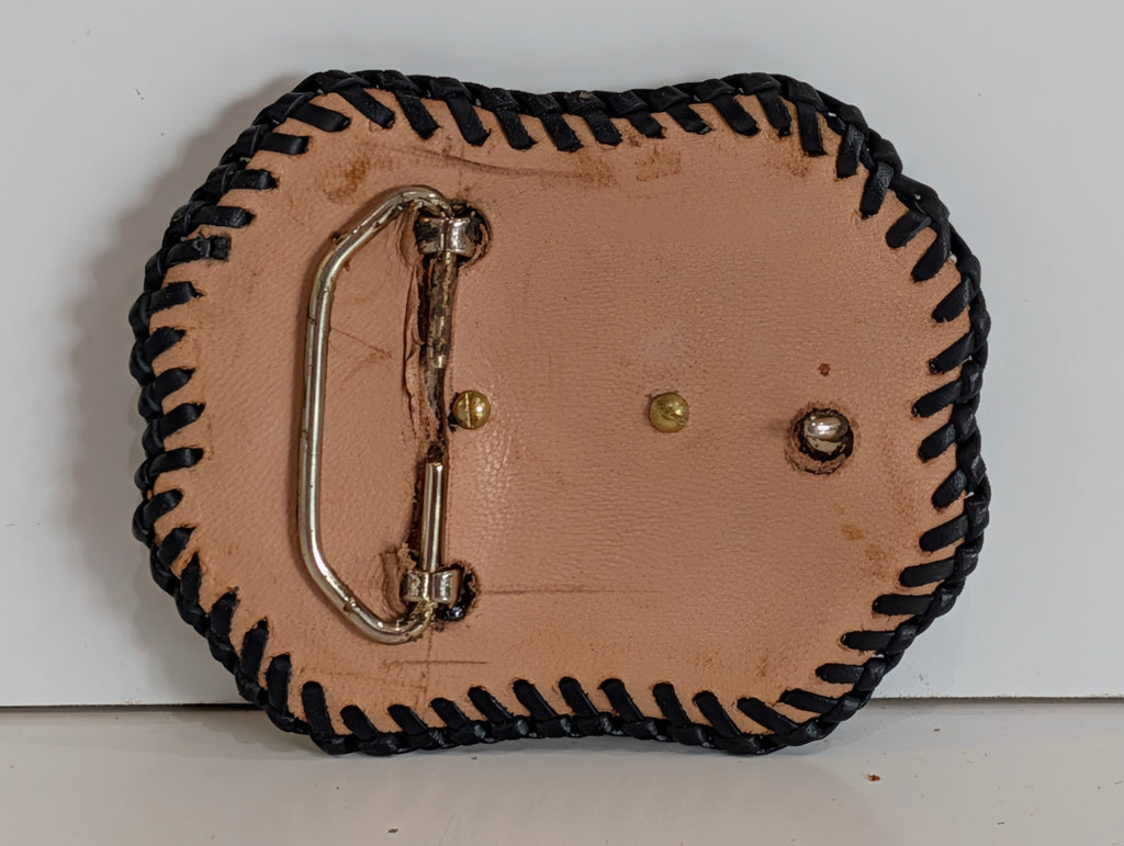 Vintage Hand Tooled Leather Western Belt Buckle Buck Red Stone Cowboy