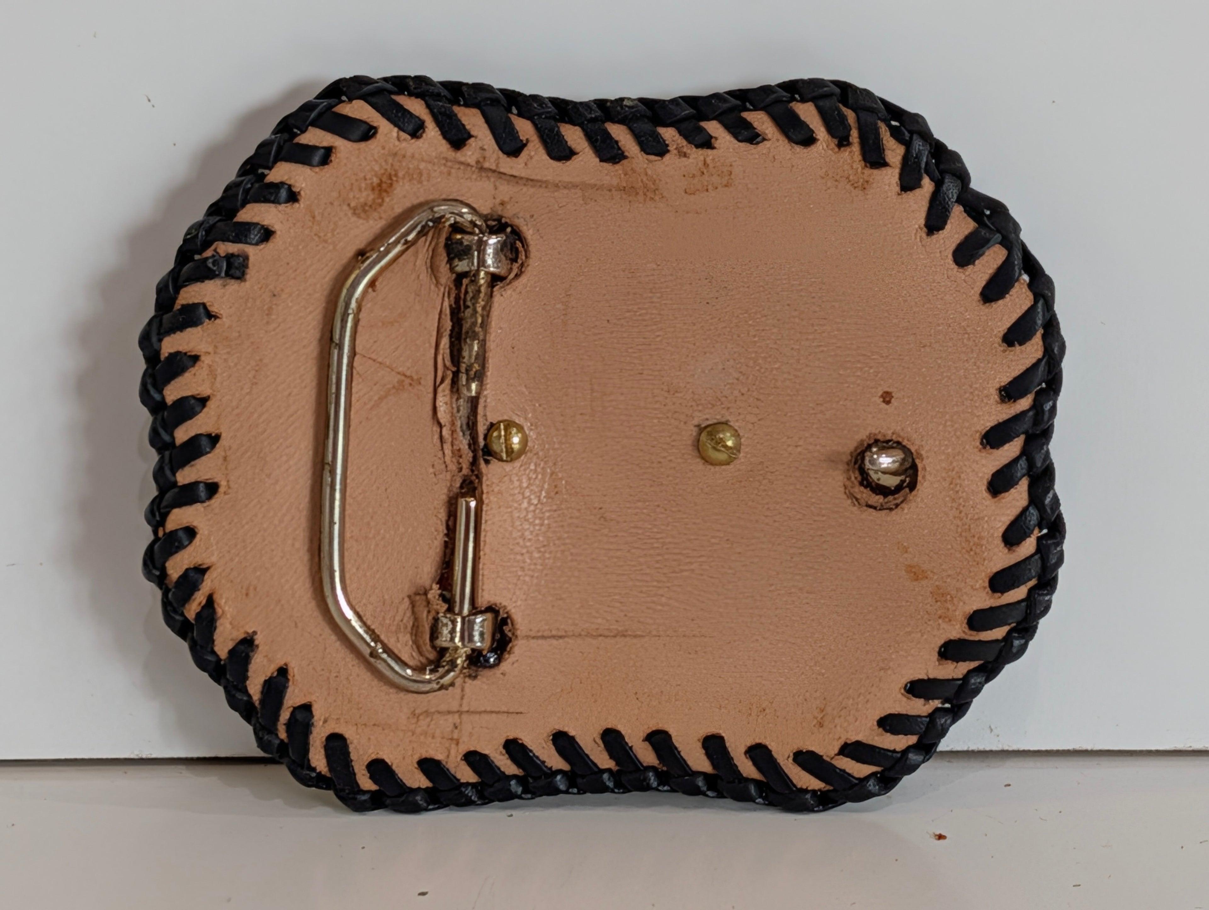 Vintage Hand Tooled Leather Western Belt Buckle Buck Red Stone Cowboy