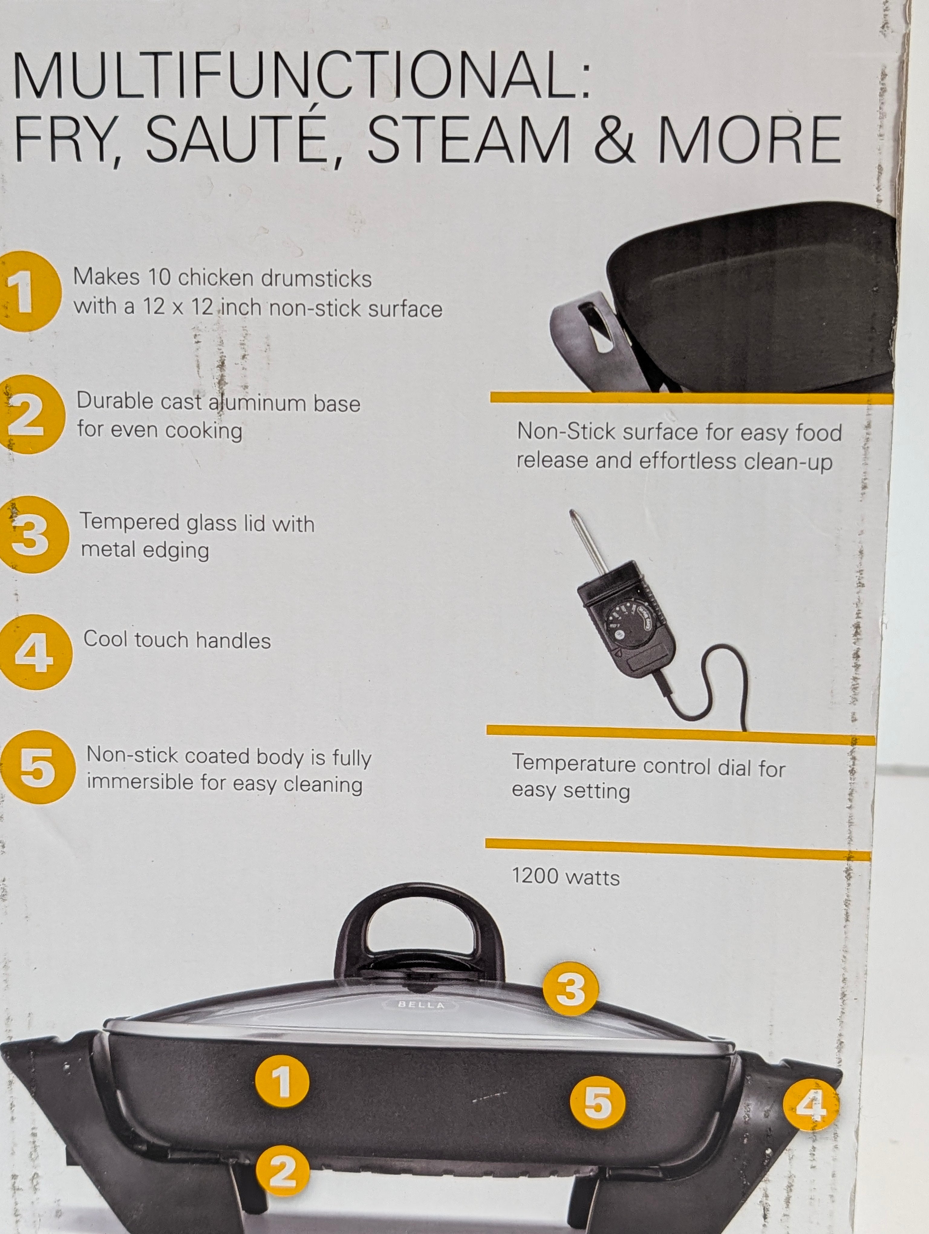 Bella 12x12 Inch Electric Skillet Non Stick Multifunction Fry Saute Steam