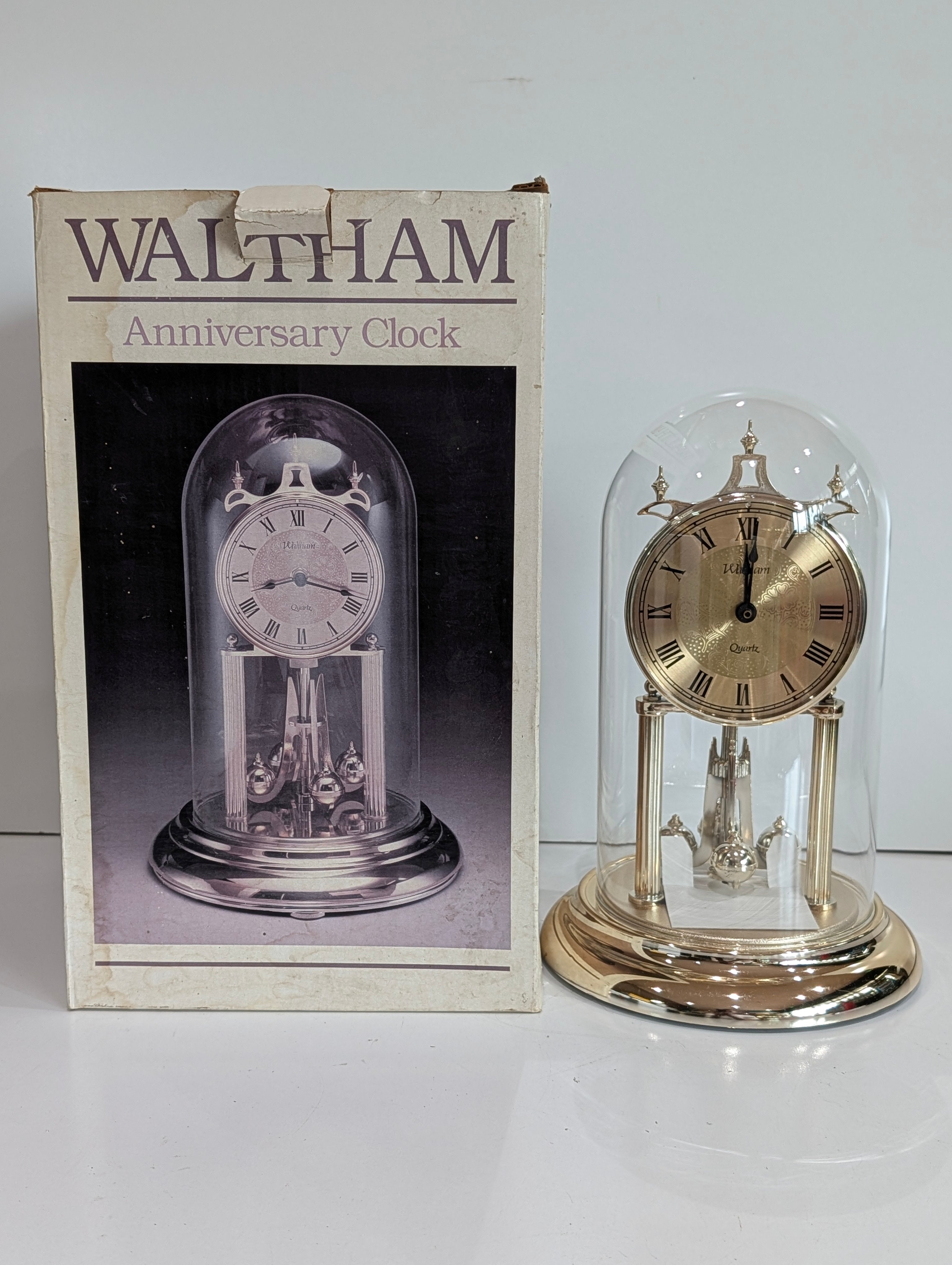 Vintage Waltham Anniversary Clock Glass Dome Quartz Mantel Clock w Box