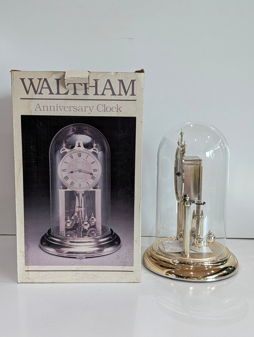 Vintage Waltham Anniversary Clock Glass Dome Quartz Mantel Clock w Box