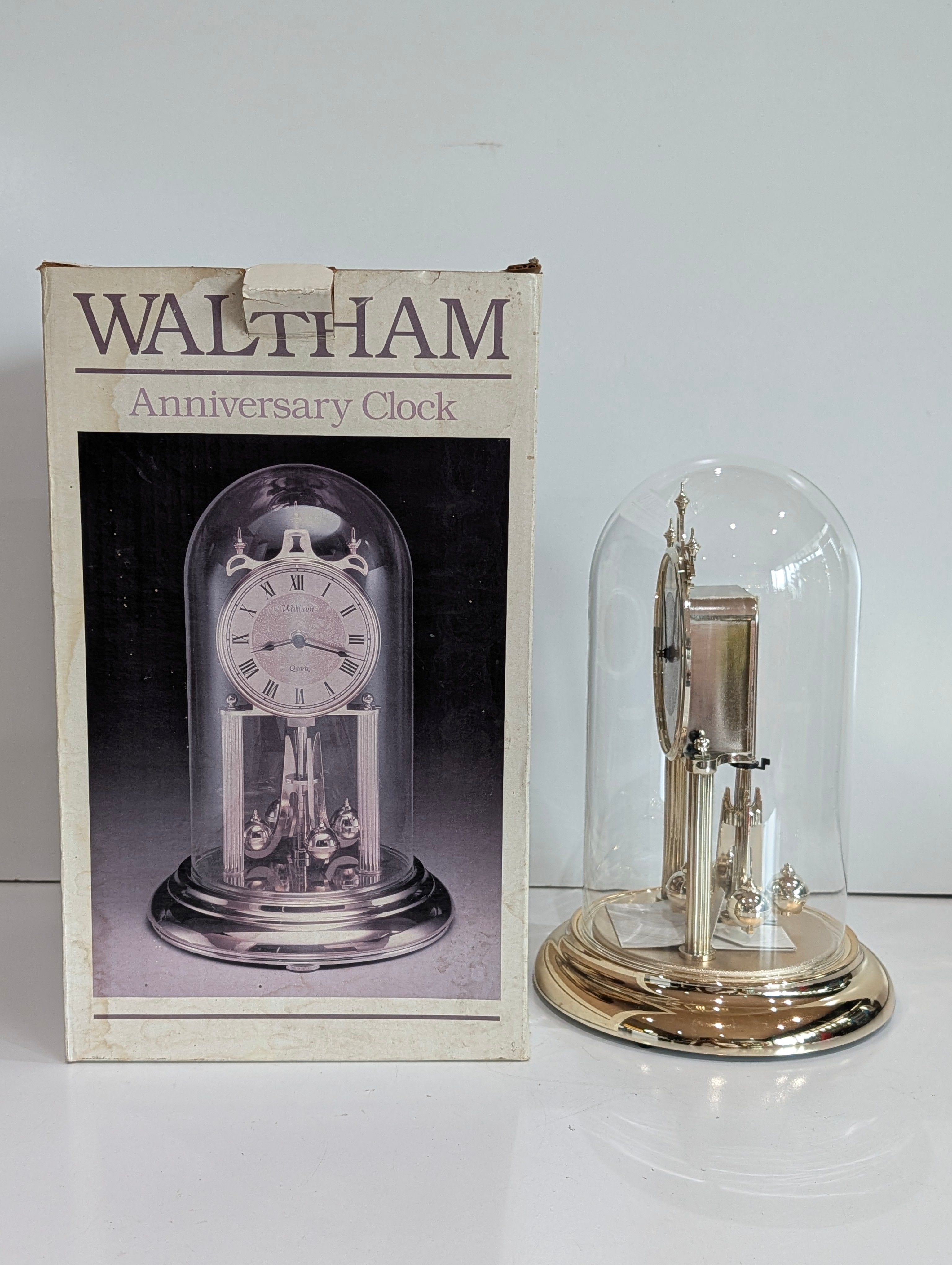 Vintage Waltham Anniversary Clock Glass Dome Quartz Mantel Clock w Box