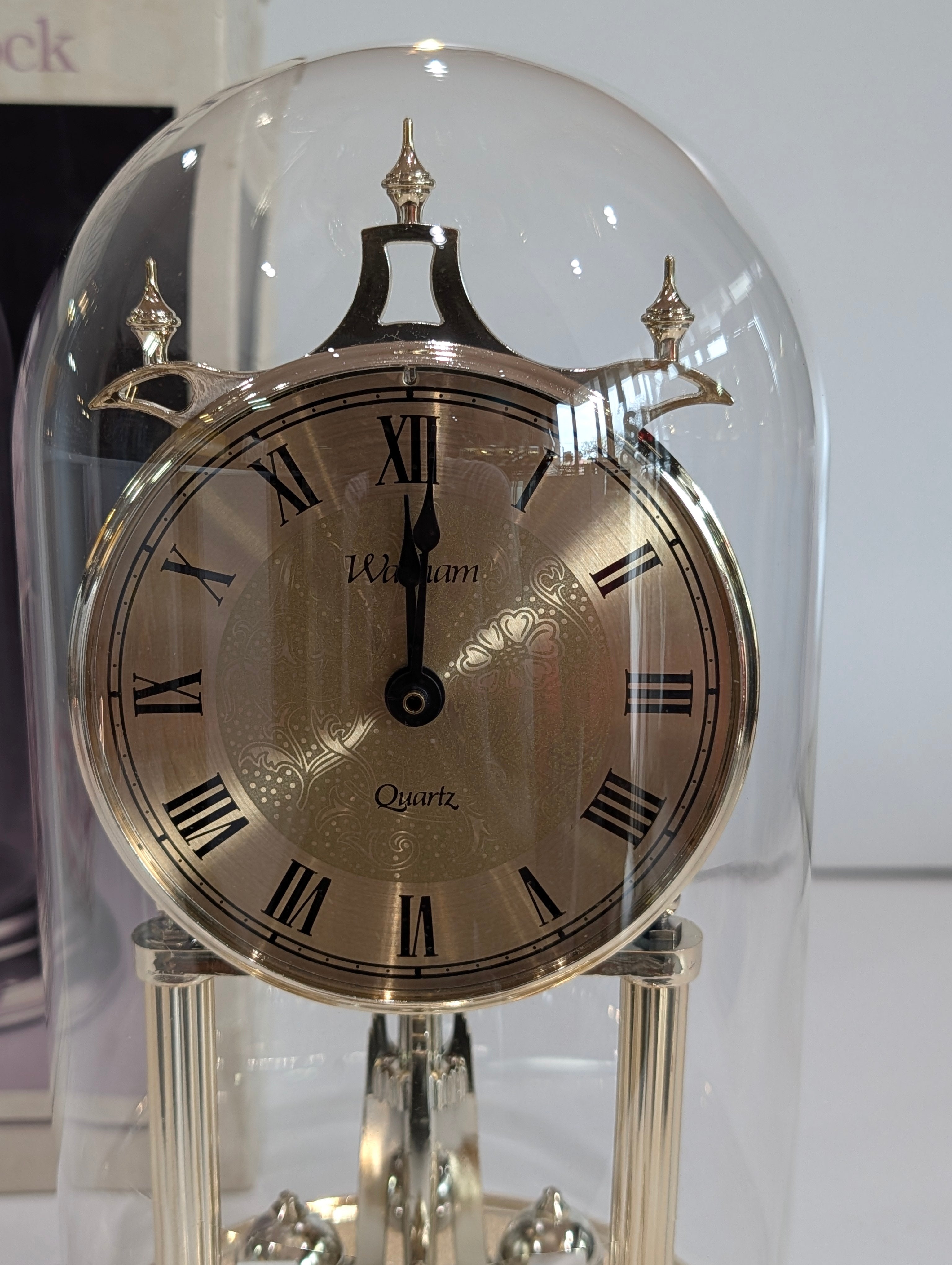 Vintage Waltham Anniversary Clock Glass Dome Quartz Mantel Clock w Box