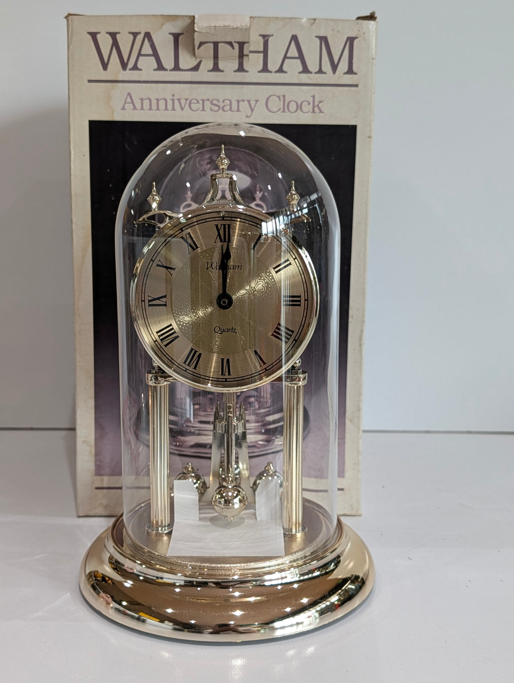 Vintage Waltham Anniversary Clock Glass Dome Quartz Mantel Clock w Box