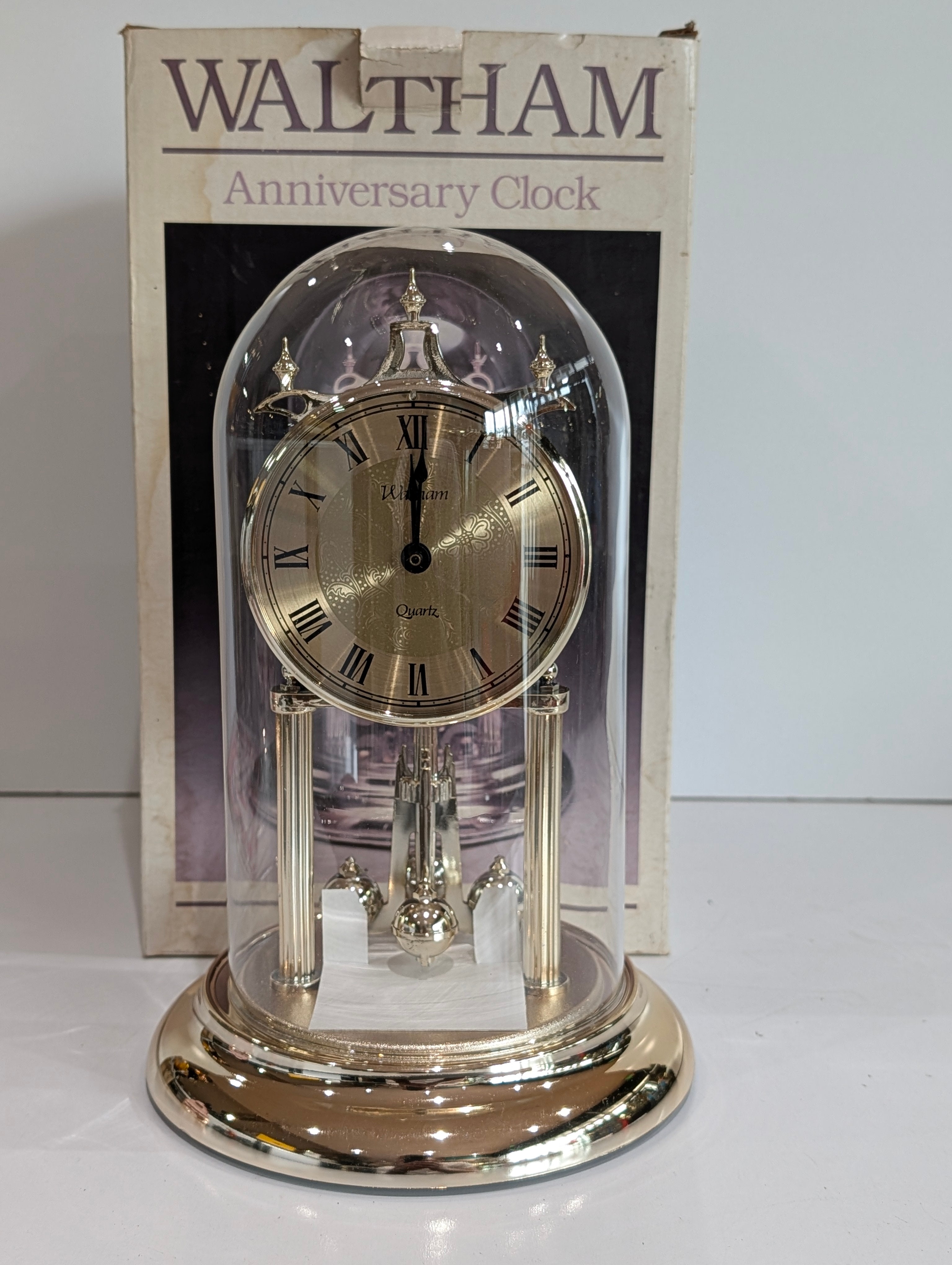 Vintage Waltham Anniversary Clock Glass Dome Quartz Mantel Clock w Box