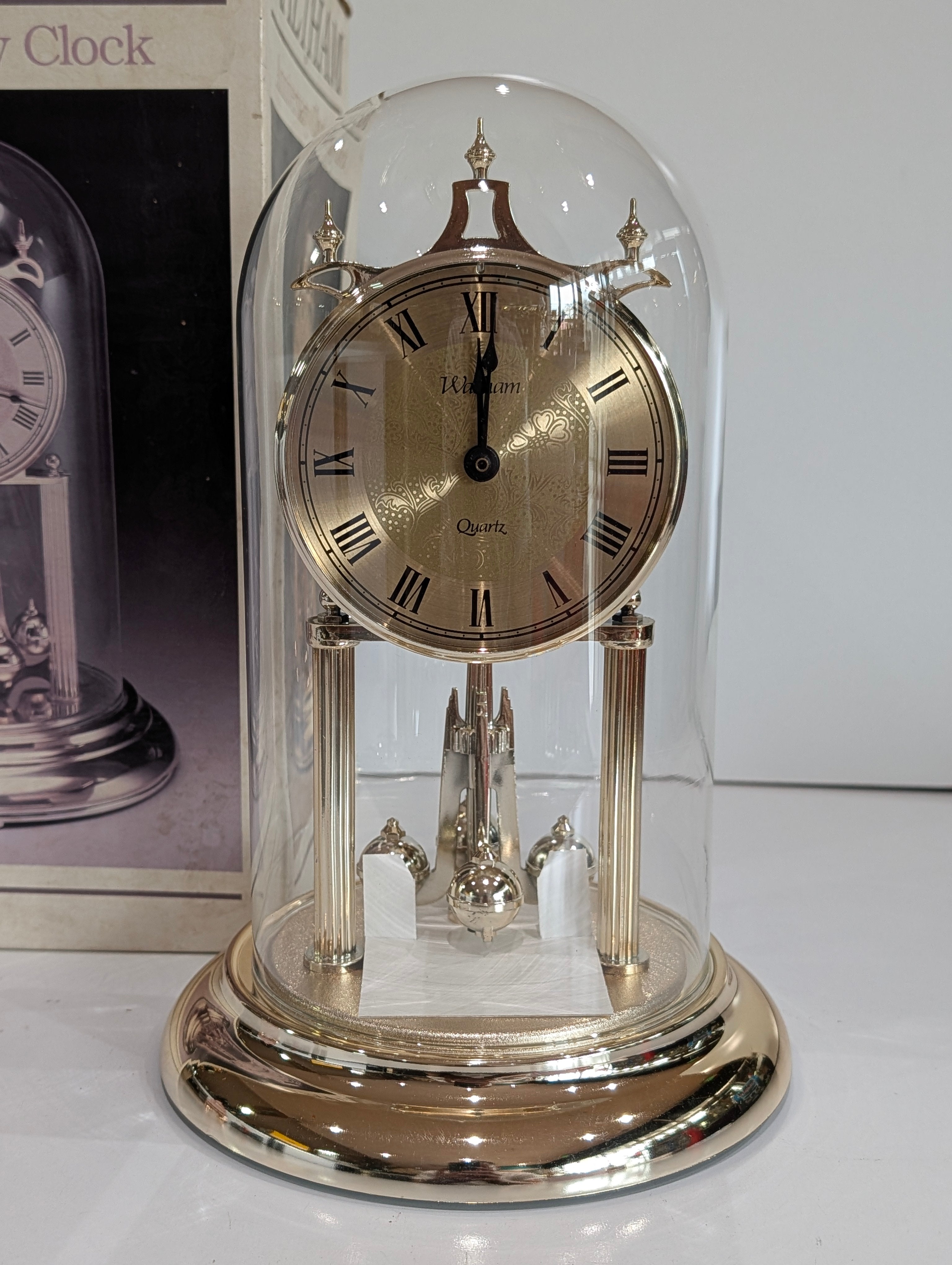 Vintage Waltham Anniversary Clock Glass Dome Quartz Mantel Clock w Box