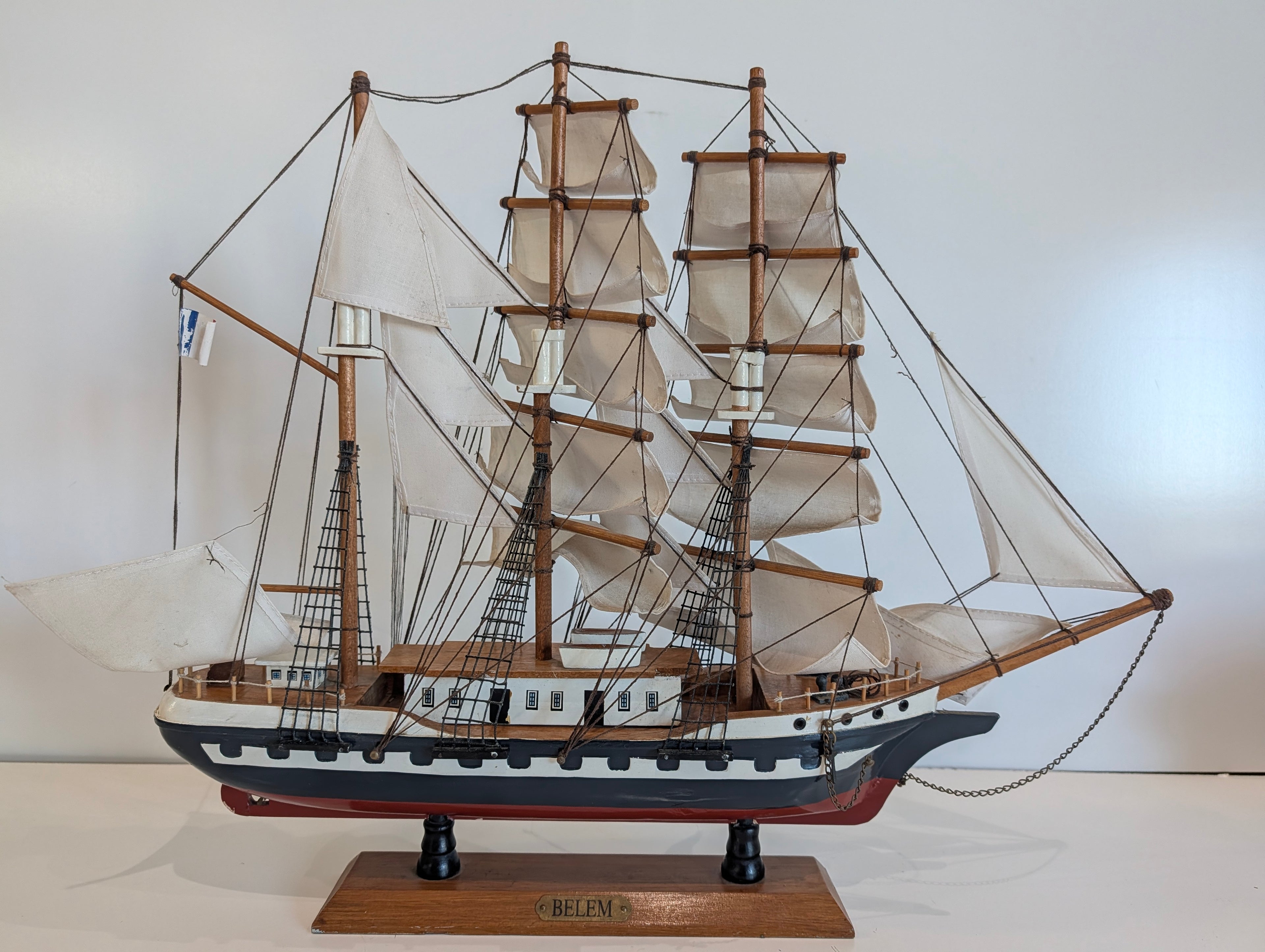 Vintage Belem Tall Ship Model Wooden Sailing Ship Nautical Display Decor Piece