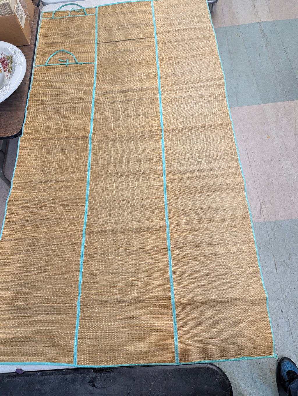 Natural Bamboo Roll Up Mat With Teal Trim Folding Picnic Beach Floor Runner