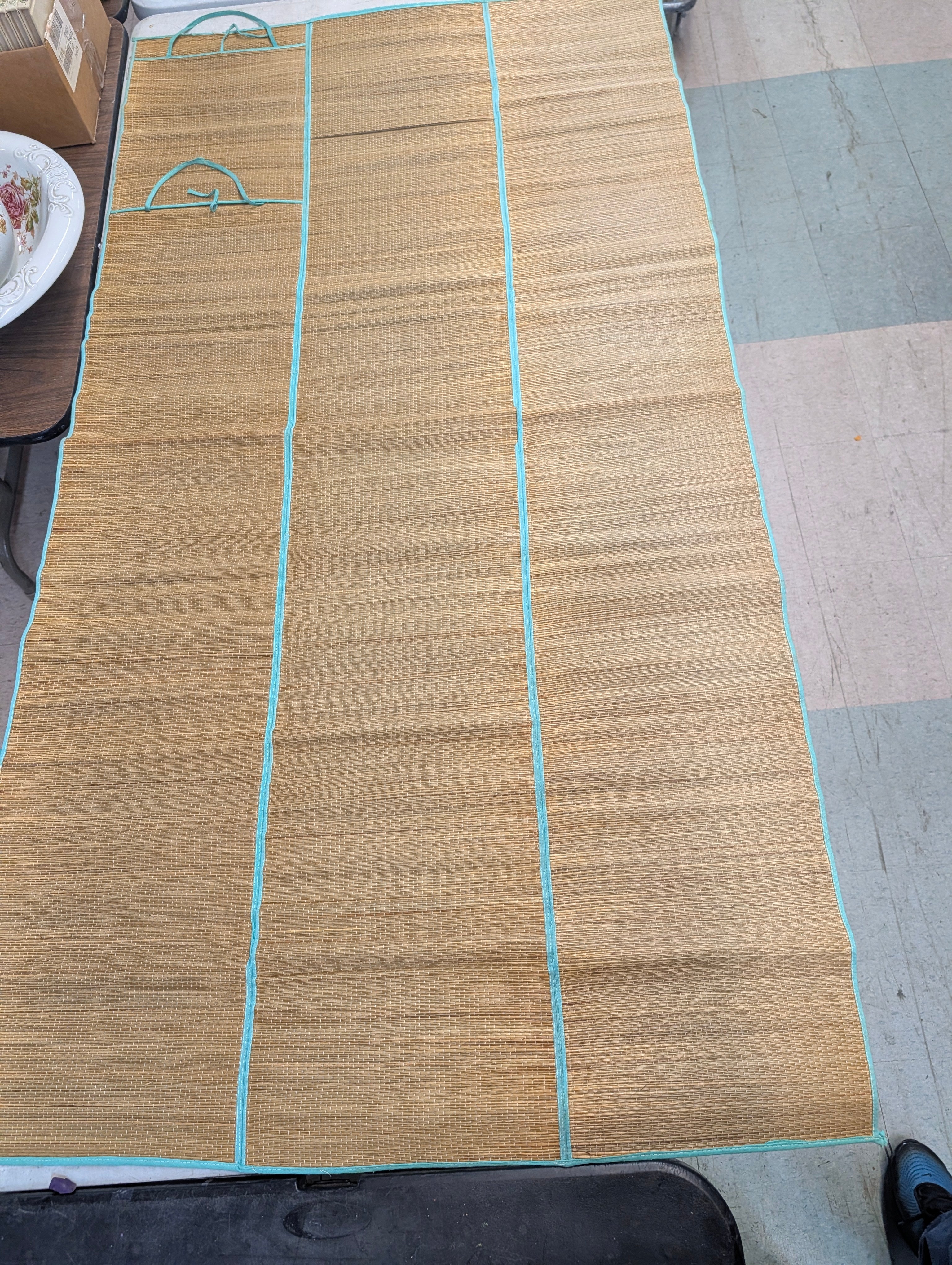 Natural Bamboo Roll Up Mat With Teal Trim Folding Picnic Beach Floor Runner