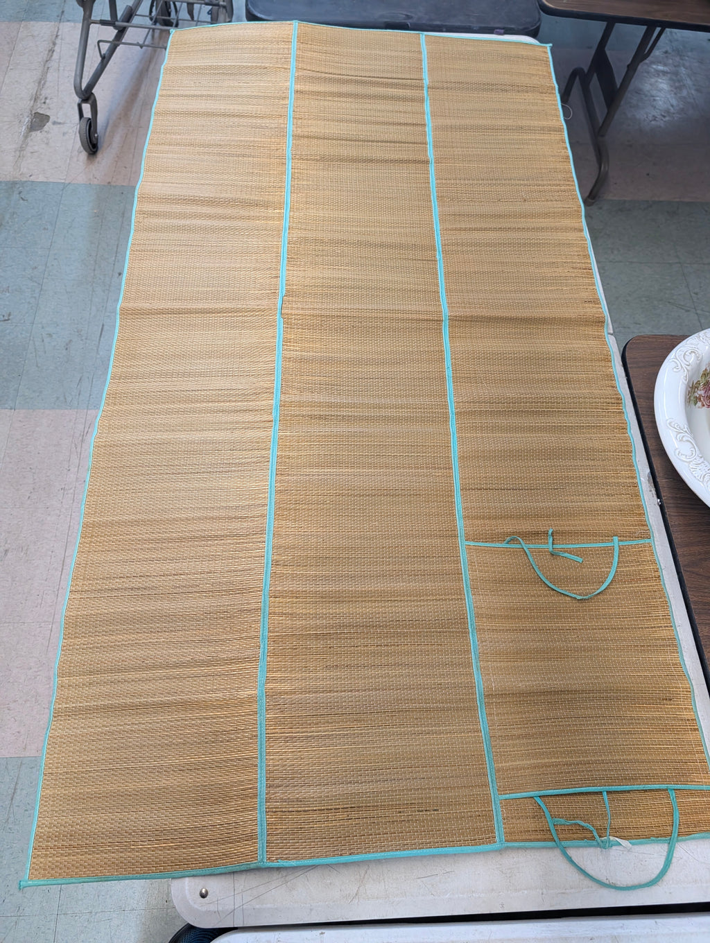 Natural Bamboo Roll Up Mat With Teal Trim Folding Picnic Beach Floor Runner