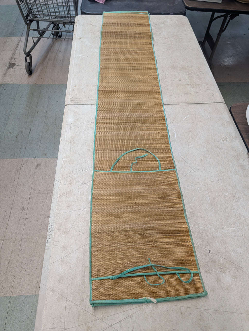Natural Bamboo Roll Up Mat With Teal Trim Folding Picnic Beach Floor Runner