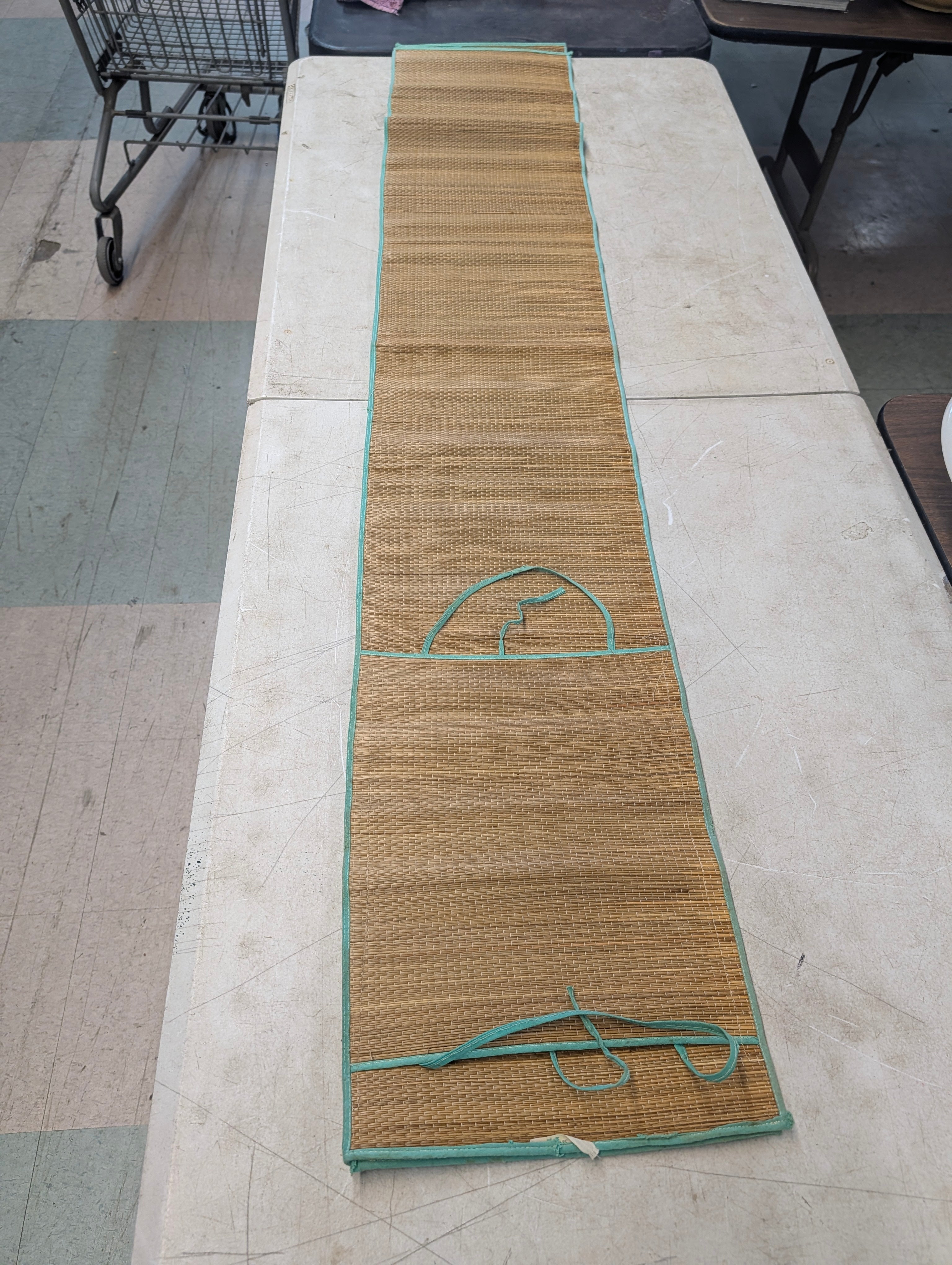 Natural Bamboo Roll Up Mat With Teal Trim Folding Picnic Beach Floor Runner