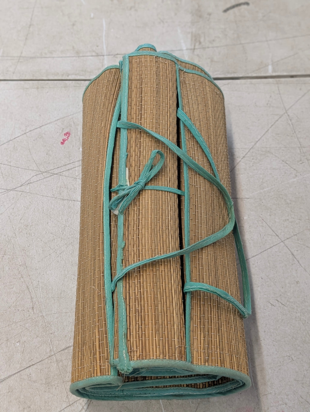 Natural Bamboo Roll Up Mat With Teal Trim Folding Picnic Beach Floor Runner