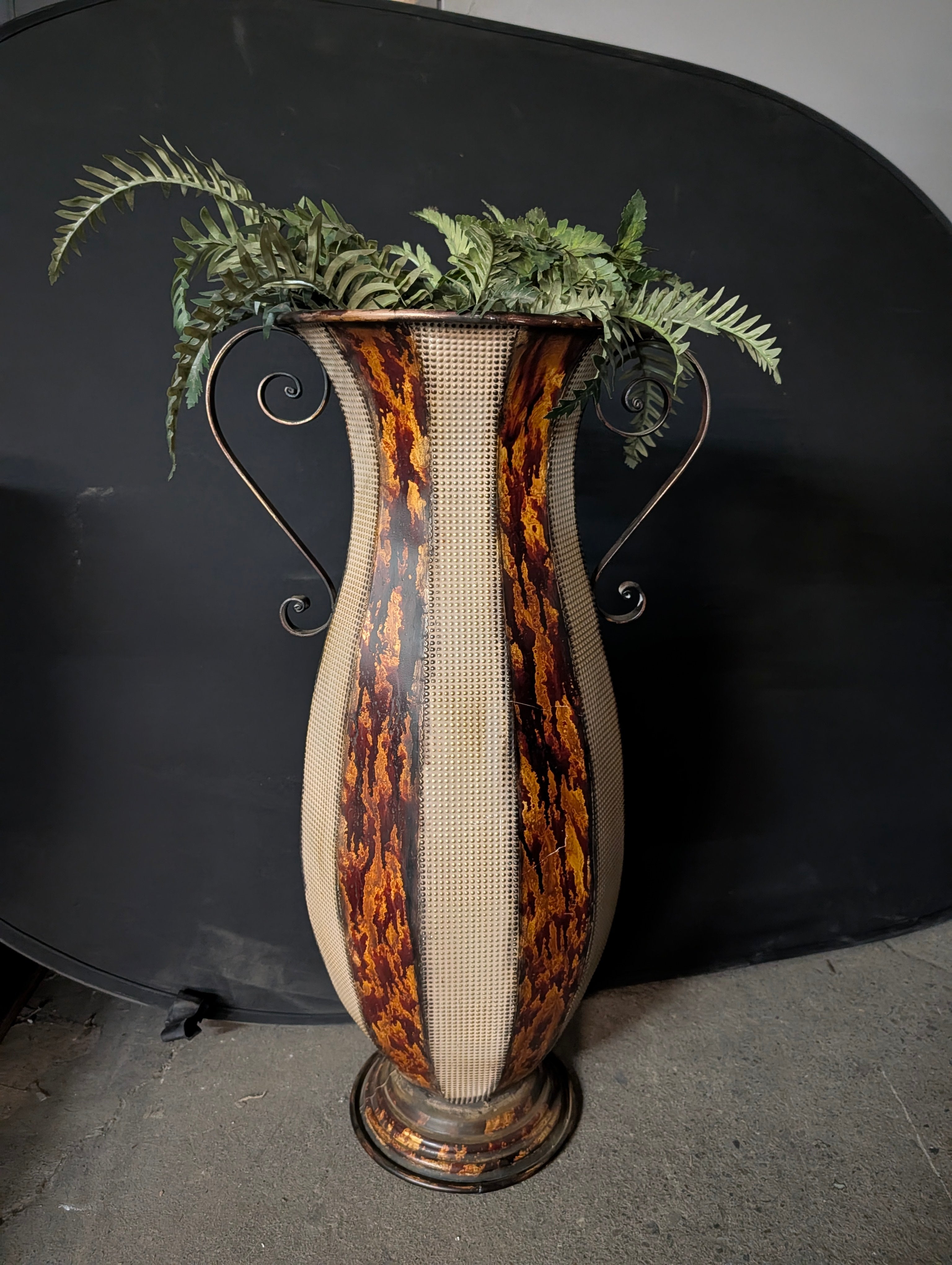 Large Decorative Metal Floor Vase Urn Scroll Handles Rustic Patina Home Decor