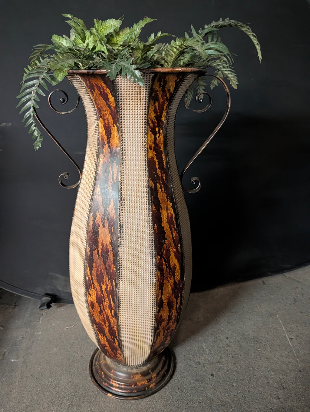 Large Decorative Metal Floor Vase Urn Scroll Handles Rustic Patina Home Decor