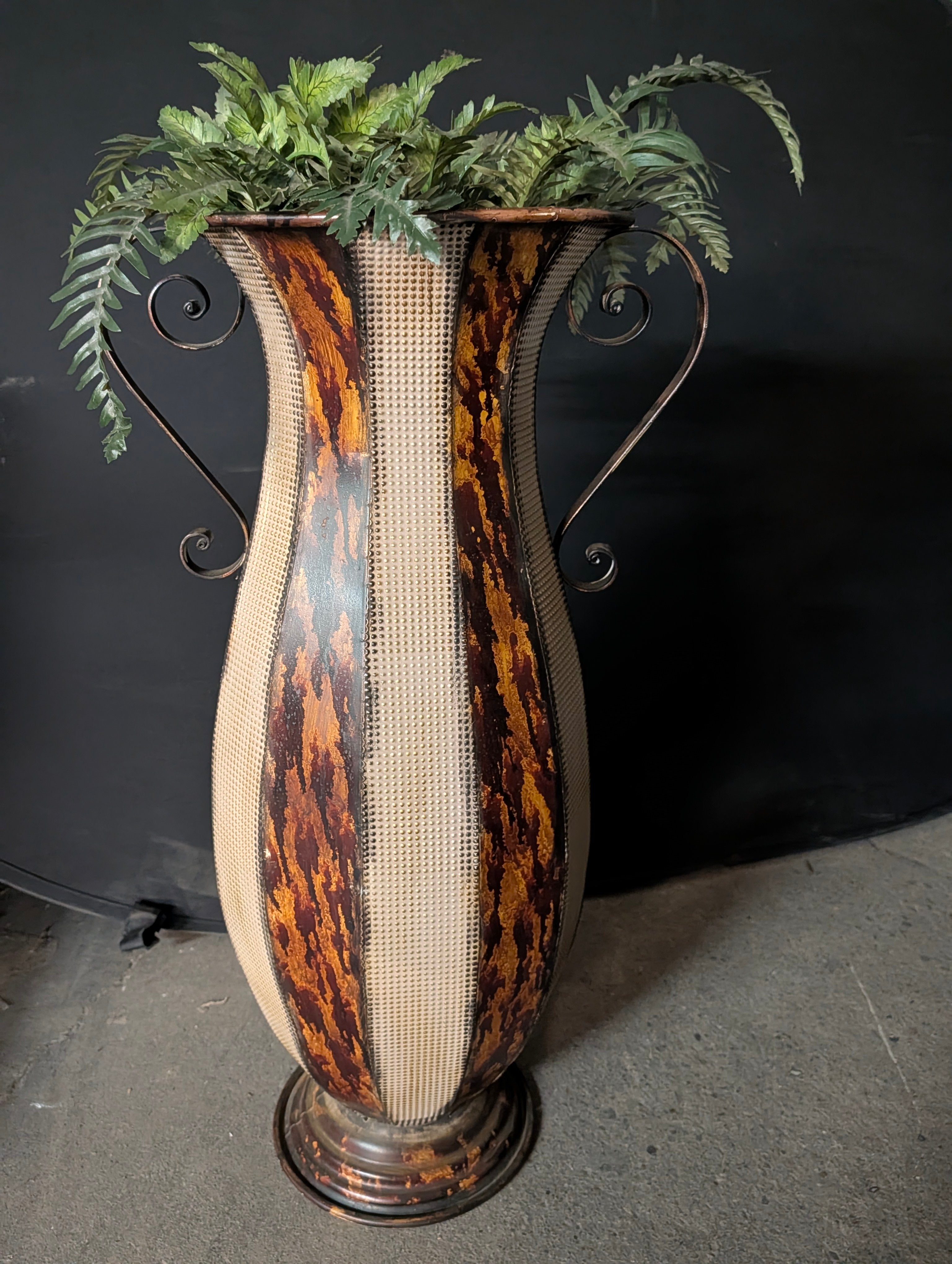 Large Decorative Metal Floor Vase Urn Scroll Handles Rustic Patina Home Decor