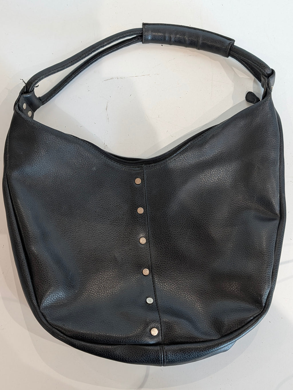 Black Faux Leather Hobo Shoulder Bag Slouch Purse Silver Stud Detail Zip Top Tote