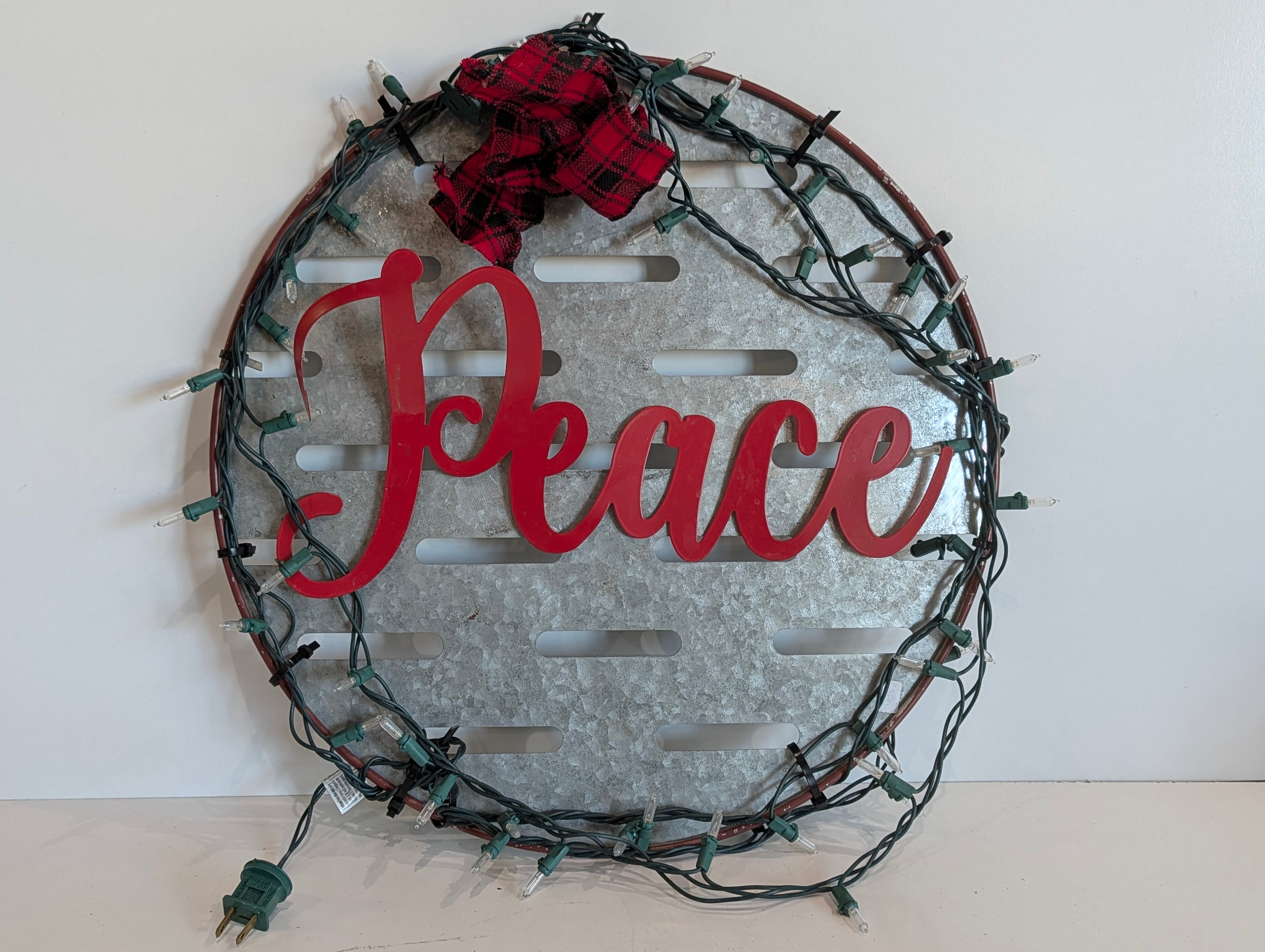 Vintage Peace Galvanized Metal Wall Sign Red Script Farmhouse Decor Holiday Lights