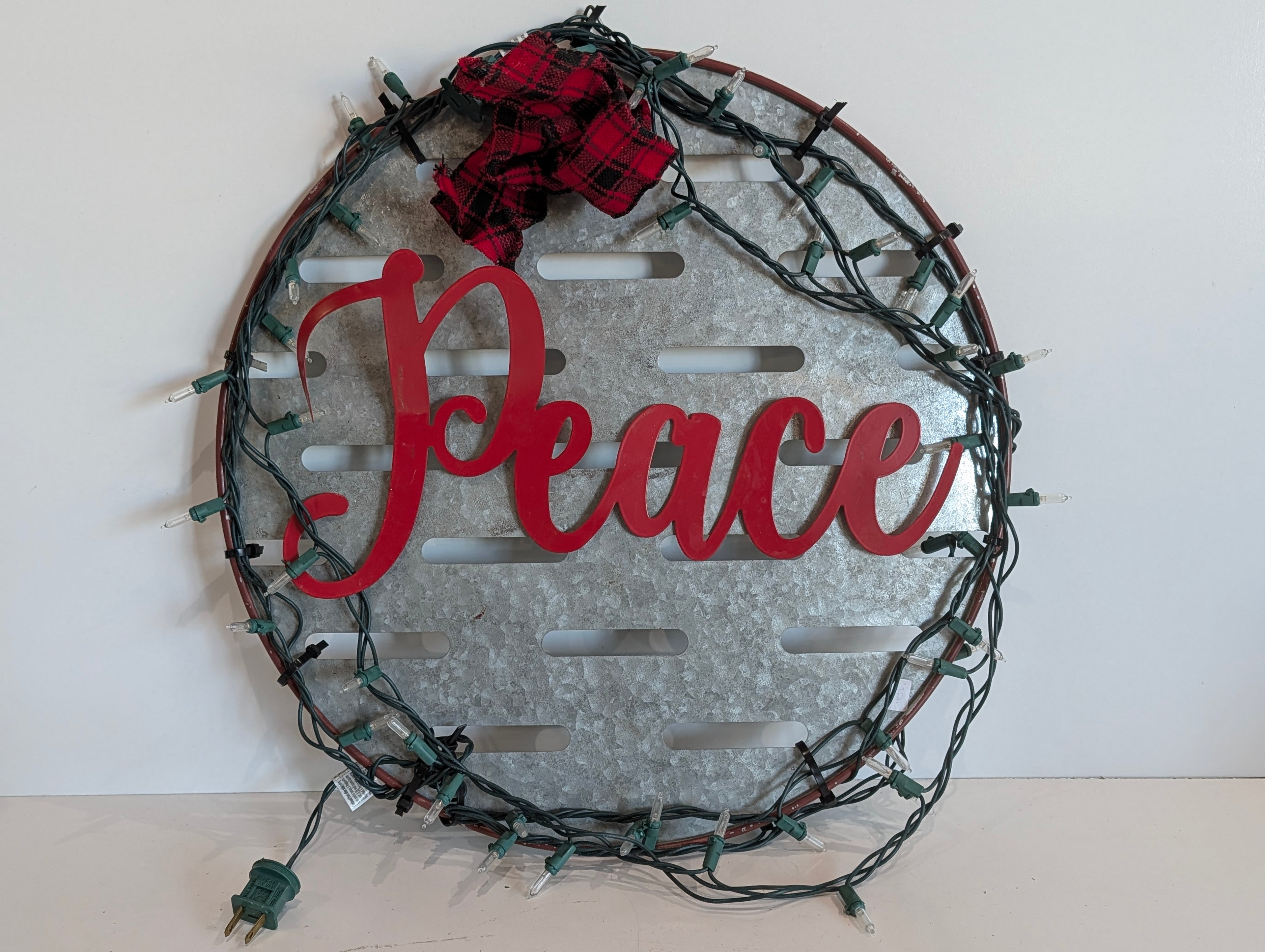 Vintage Peace Galvanized Metal Wall Sign Red Script Farmhouse Decor Holiday Lights