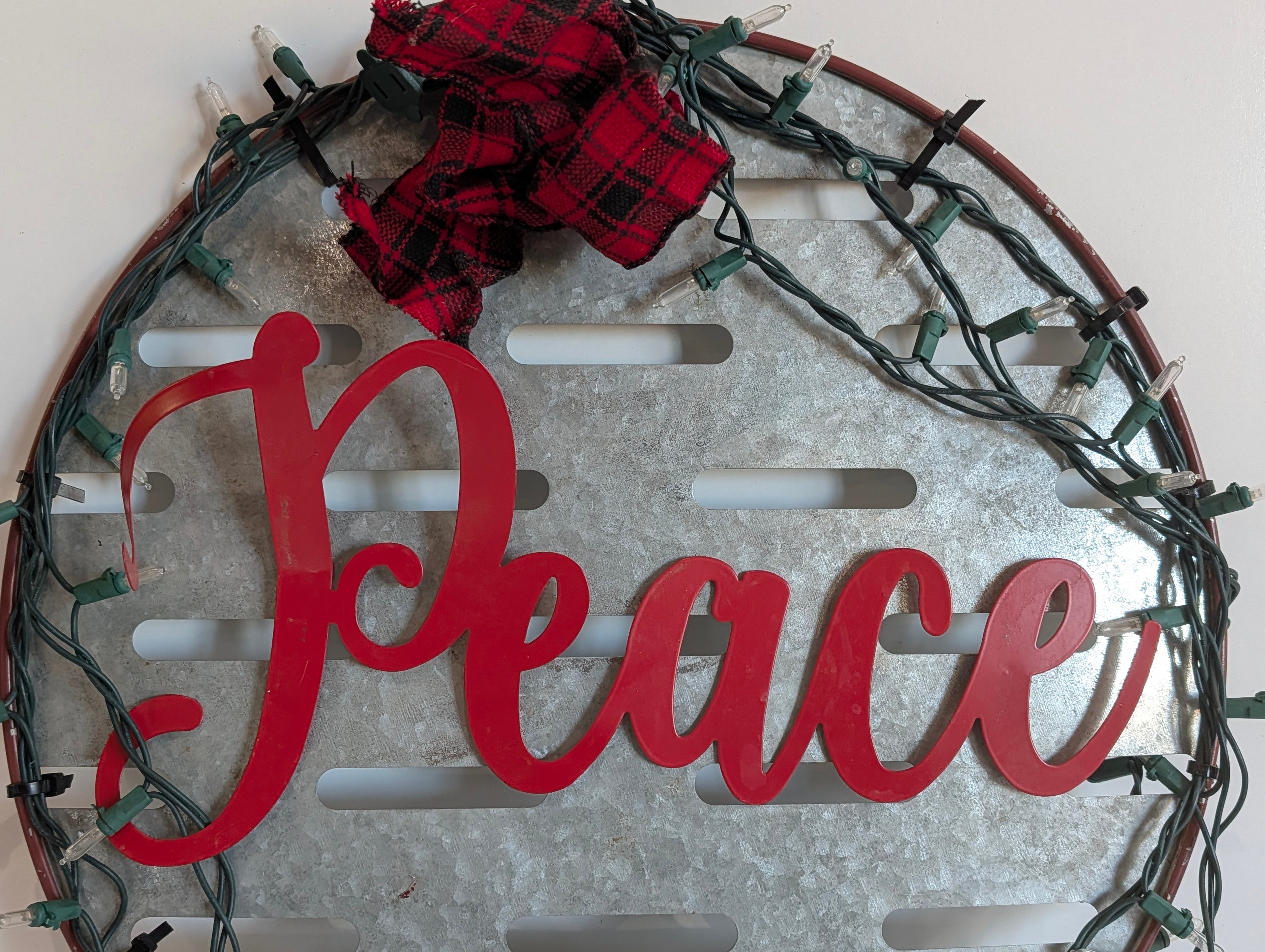 Vintage Peace Galvanized Metal Wall Sign Red Script Farmhouse Decor Holiday Lights