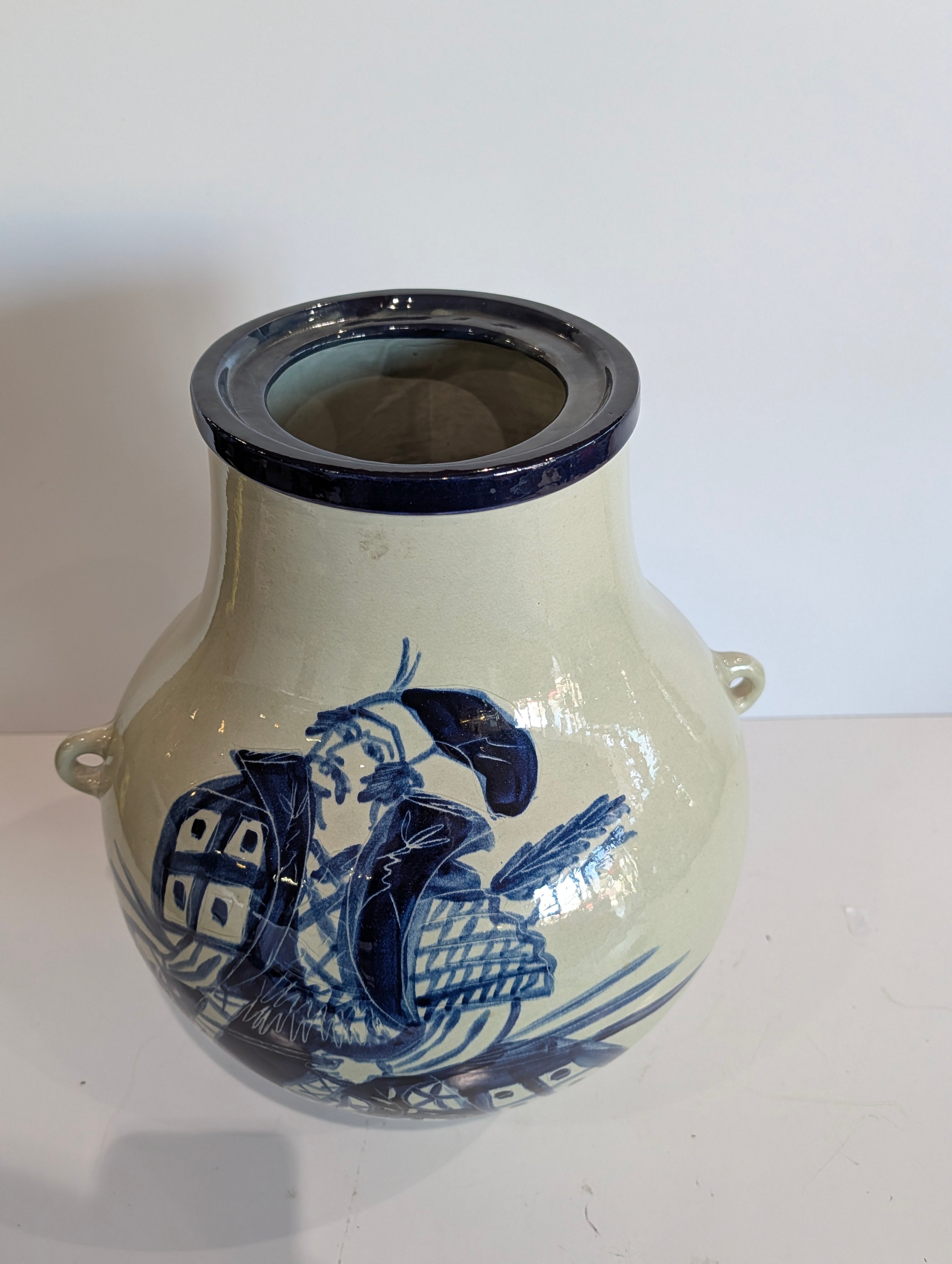 Hand Painted Vase - Vintage Blue White Hand Painted Ceramic Vase Urn Figural Art Pottery