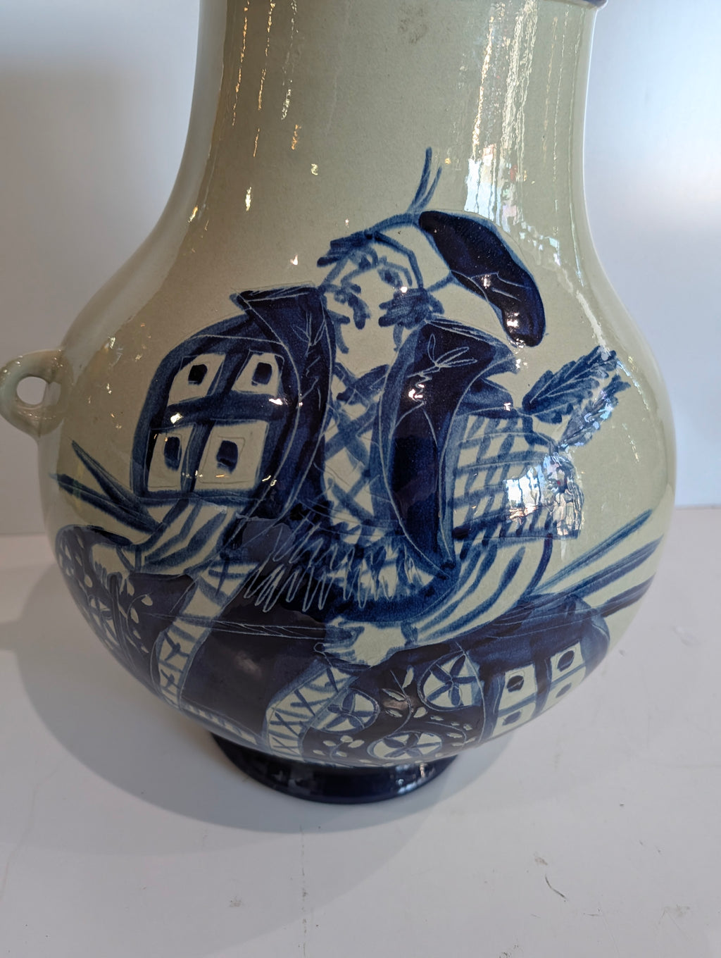 Hand Painted Vase - Vintage Blue White Hand Painted Ceramic Vase Urn Figural Art Pottery