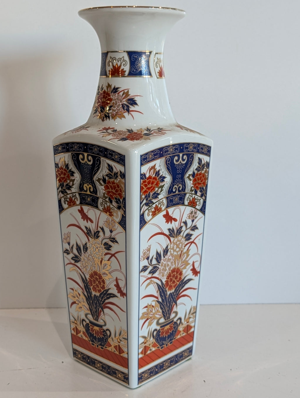 Imari Style Vase - Vintage Japanese Imari Style Porcelain Vase Hand Painted Floral Square 12”