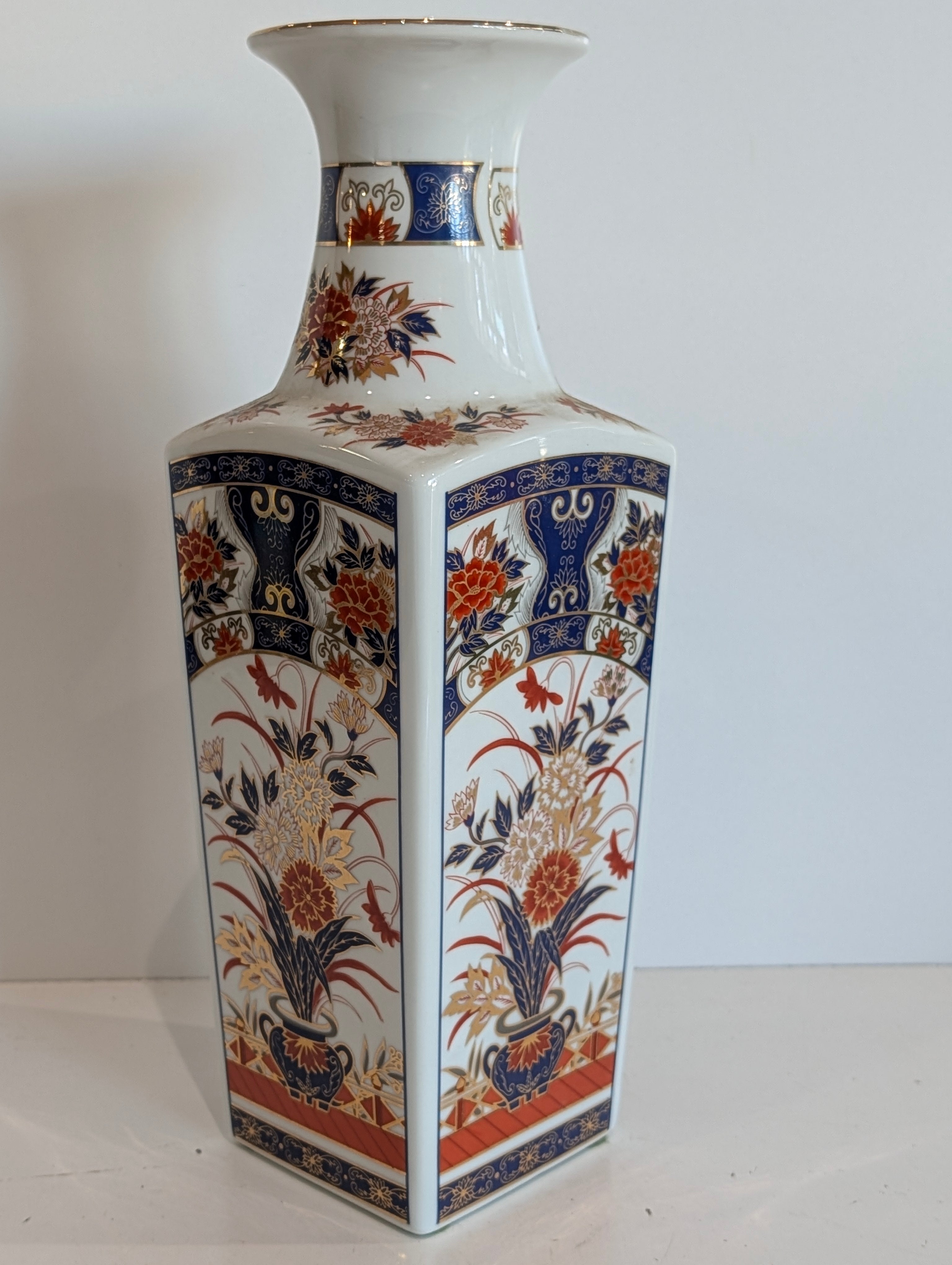 Imari Style Vase - Vintage Japanese Imari Style Porcelain Vase Hand Painted Floral Square 12”