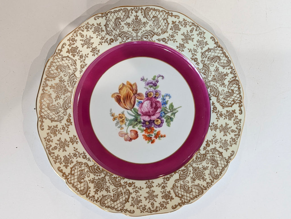 Czechoslovakia Porcelain Floral Plates Gold Gilt Pink Rim