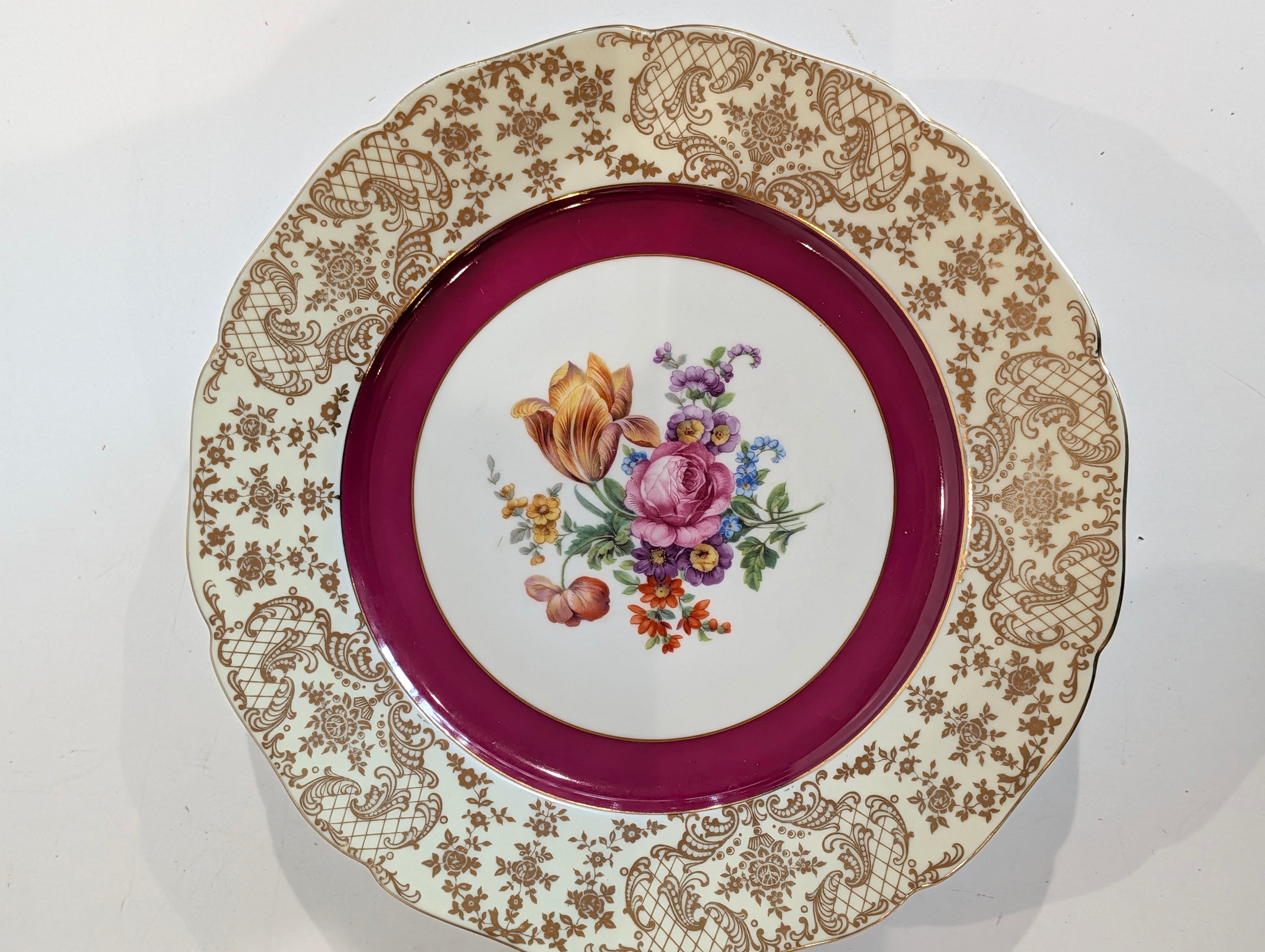 Czechoslovakia Porcelain Floral Plates Gold Gilt Pink Rim